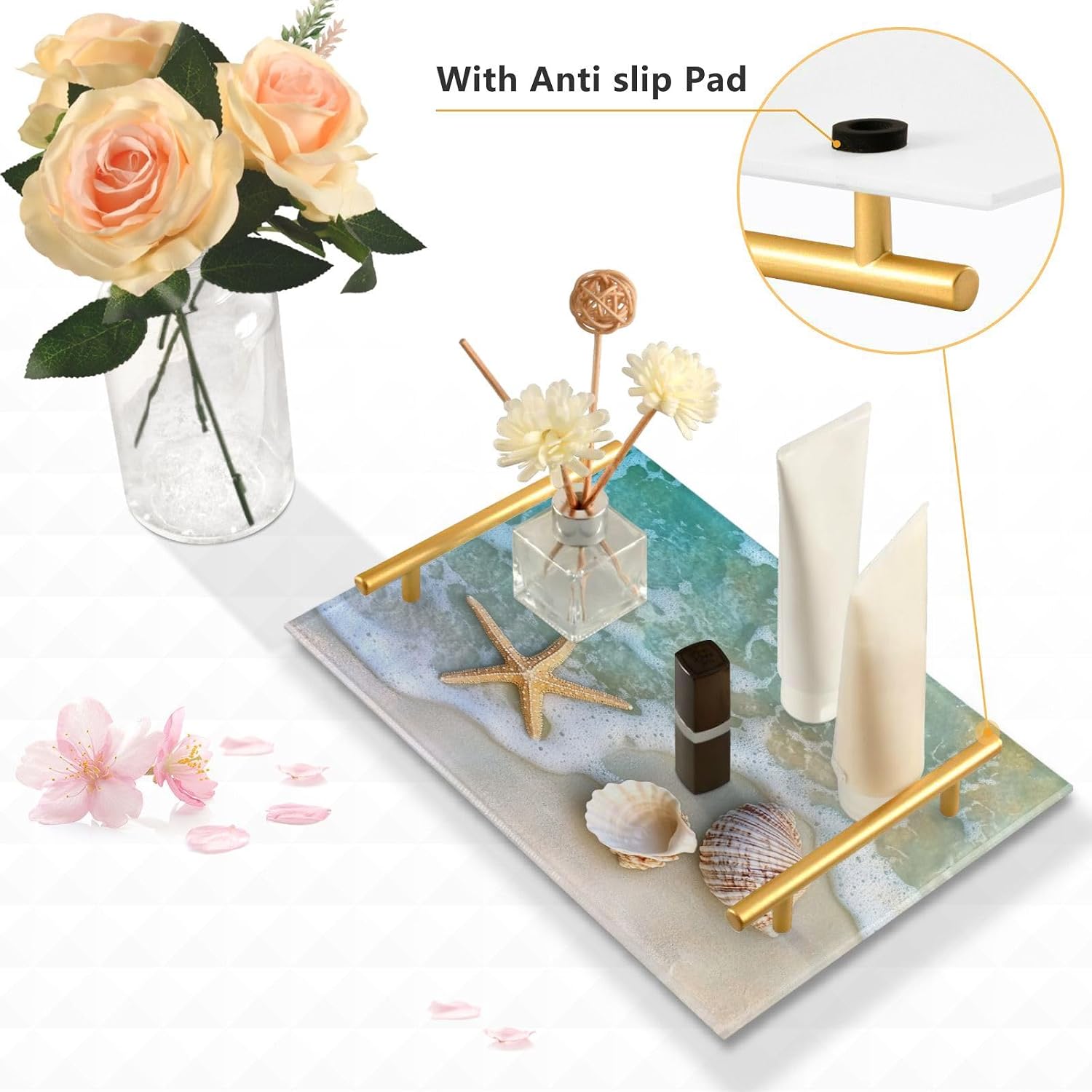 susiyo Beach Shell Bathroom Vanity Tray Acrylic Decorative Serving Tray with Handles Coffee Table Tray for Bathroom Living Room Bedroom