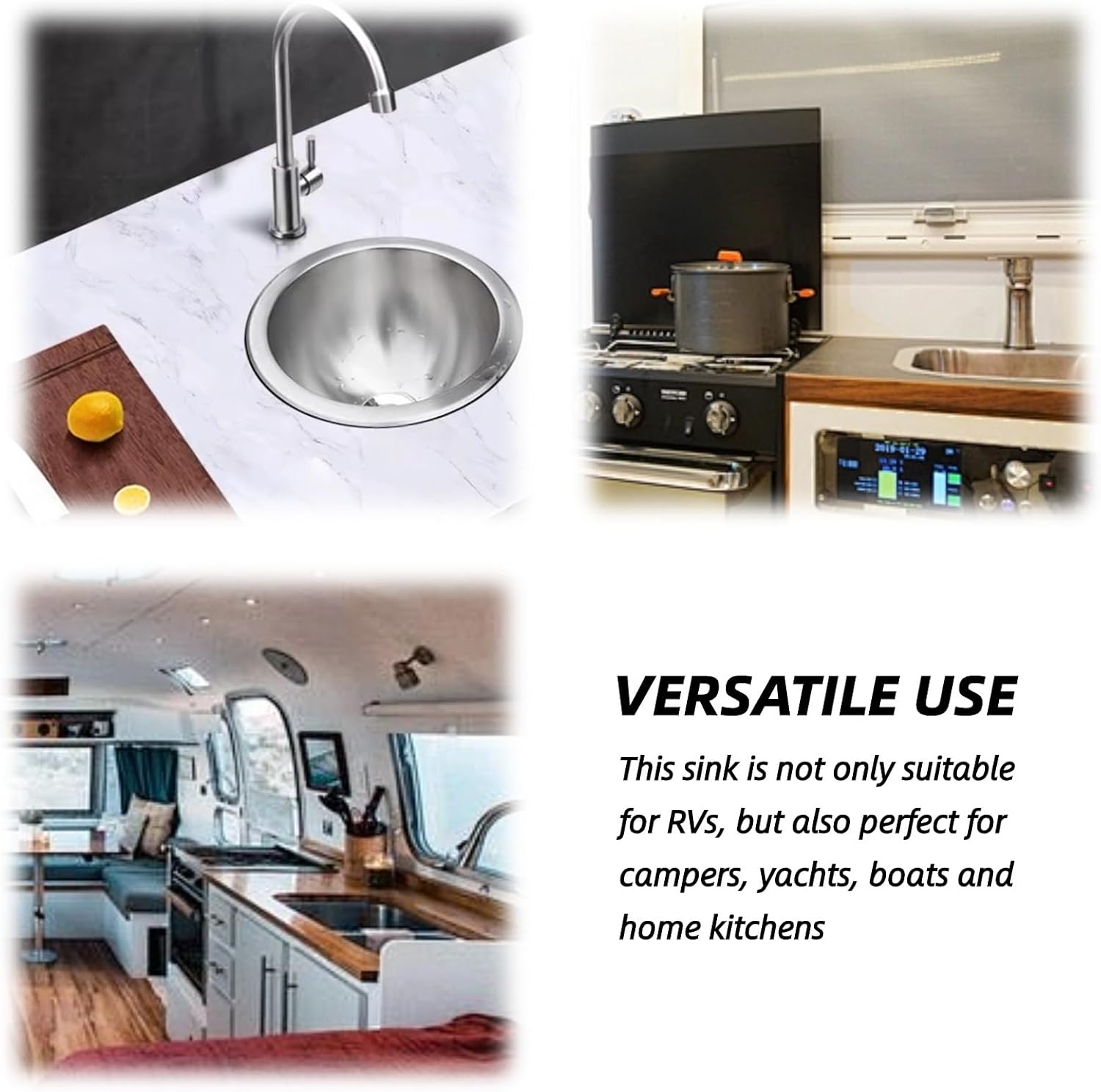 Round RV Boat Sink camper van sink 304 Stainless Steel RV Kitchen Sink, 10 inch Single Bowl Sink small rv sink for Space Saving Single Bowl