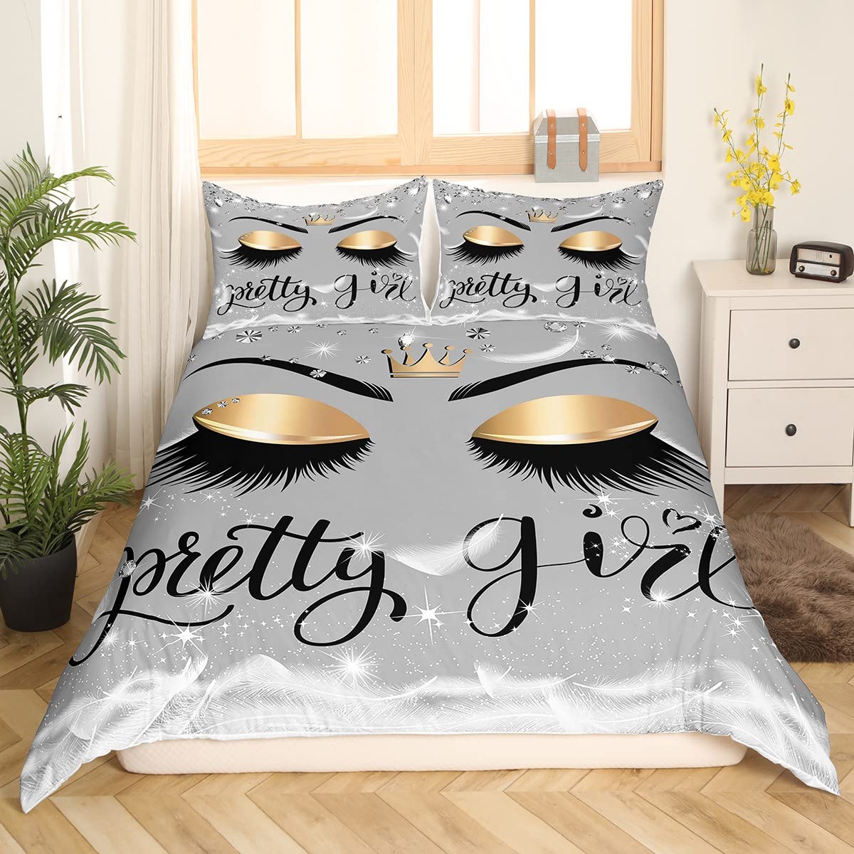 Eyelash Bed Sets Full Size, Girls Women Galaxy Stars Crown Duvet Cover Closed Eyes Pattern Design Comforter Cover With Zipper, Modern Simple Lovely Quilt Cover, Pretty Girl Bedding Set 3Pcs , Grey