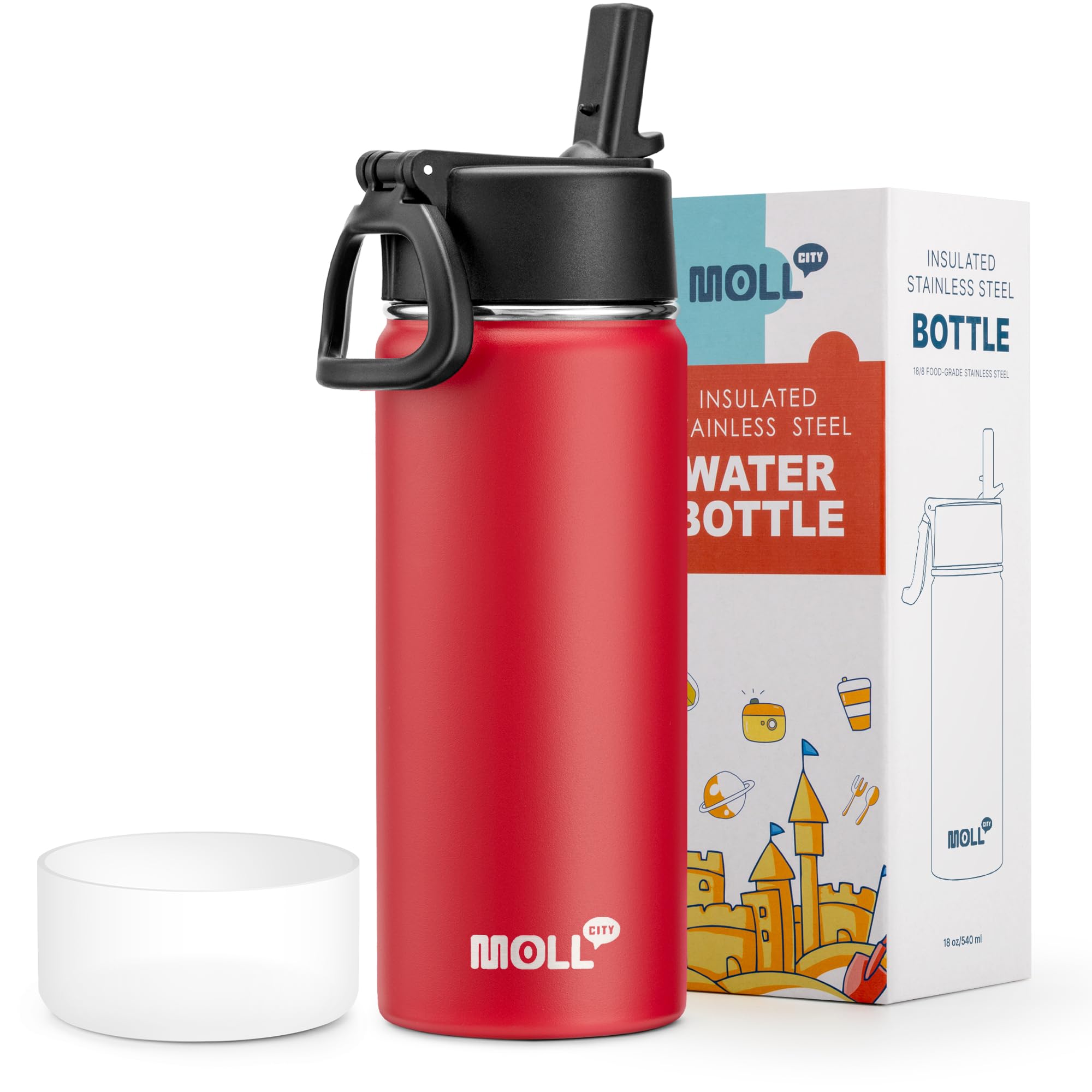 Kids Insulated Water Bottle with Straw-18 oz Stainless Steel Double Wall Vacuum Wide Mouth Water Bottle with Silicone