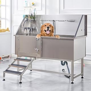 Albott 60 Inch Stainless Steel Dog Washing Station with Anti-Slip Steps, Sprayer, Faucet, Soap Box, Tow Rope – Professional Pet Bathtub for Large Pets, Ideal for Home, Garage, and Grooming(Left)