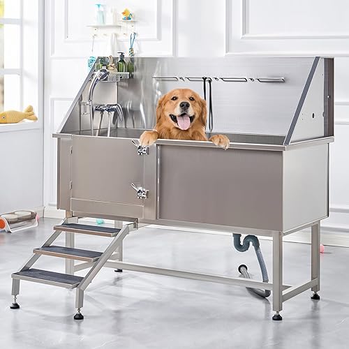 Albott 60 Inch Stainless Steel Dog Washing Station with Anti-Slip Steps, Sprayer, Faucet, Soap Box, Tow Rope – Professional Pet Bathtub for Large Pets, Ideal for Home, Garage, and Grooming(Left)