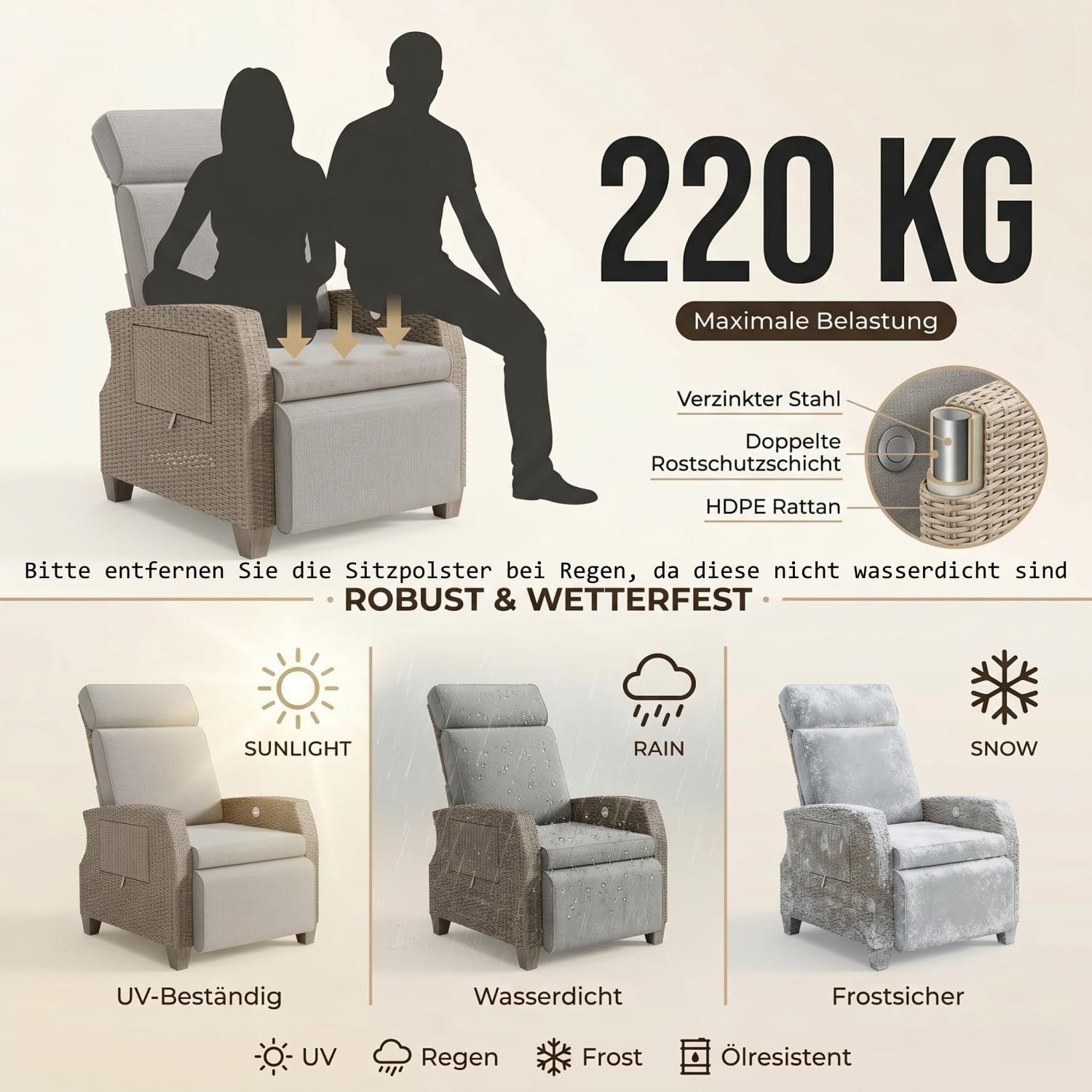 Sillón Relax Reclinable de Ratán para Jardín Exterior, Respaldo y Reposapiés Ajustables 160°, con Cojín Grueso y Funda, Mesa Auxiliar, Resistente UV, Carga 200KG, Tumbona para Terraza Patio y Salón