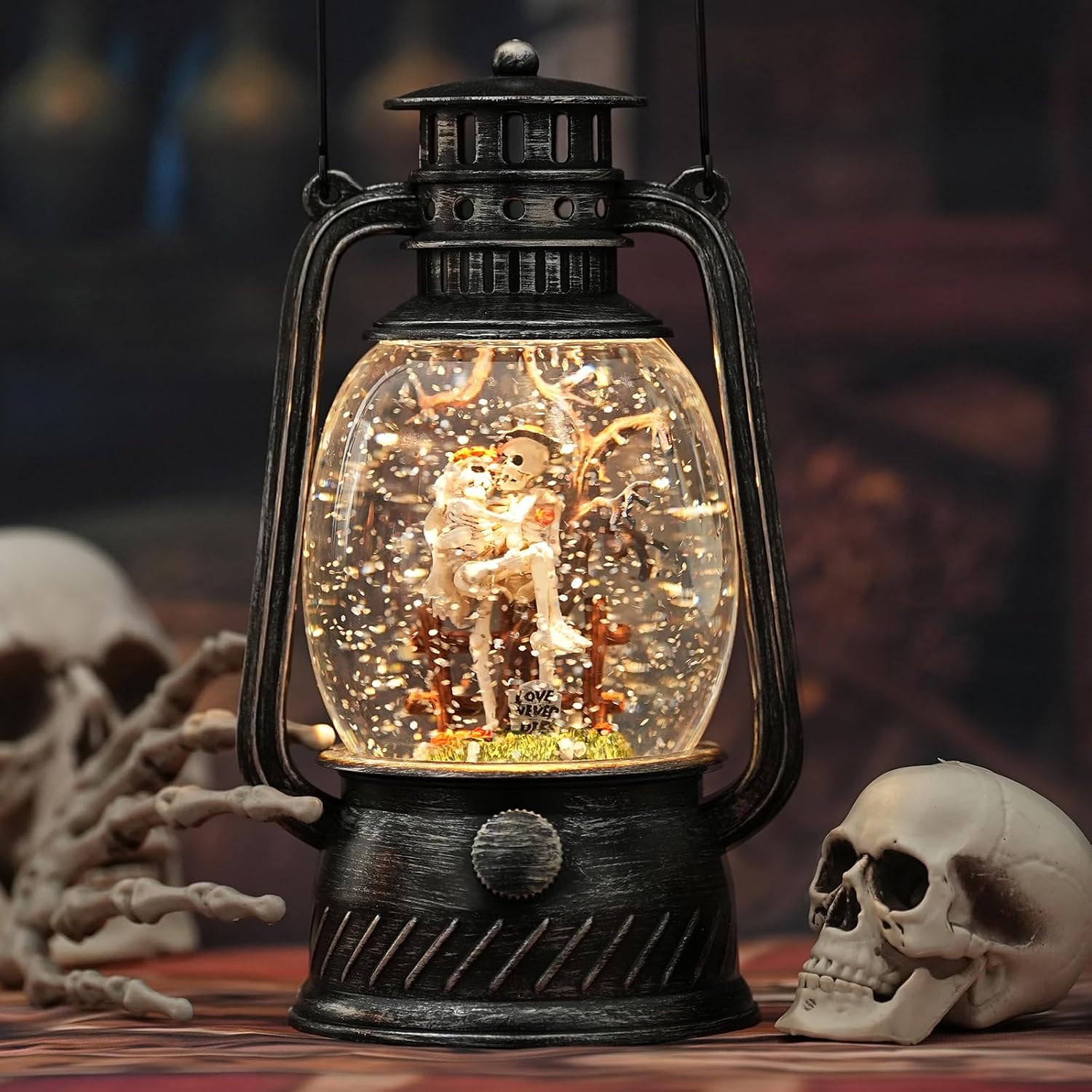 Halloween Snow Globe, Halloween Decorations Indoor Light Up Snow Globe Lantern with Music, 6H Timer, Love Never Dies Swirling Glitter Halloween Lantern for Halloween Home Decorations
