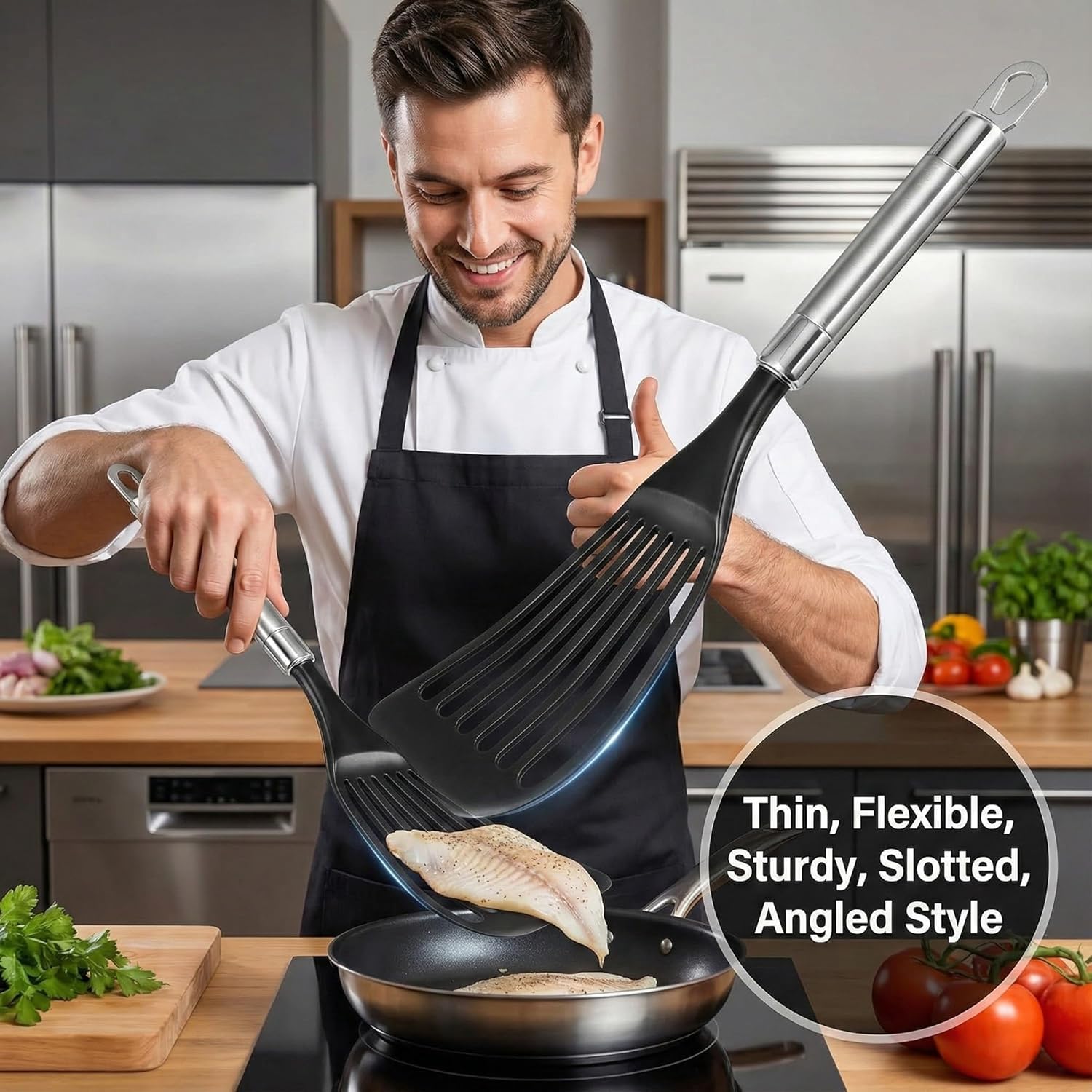 KSENDALO Fischspatel für antihaftbeschichtetes Kochgeschirr, Silikon-Fischspatel für die Küche, Kunststoff-Pfannkuchen-Eierwender, dünne, flexible Schlitz-Nylonklinge mit Silikonrand (2 Stück)