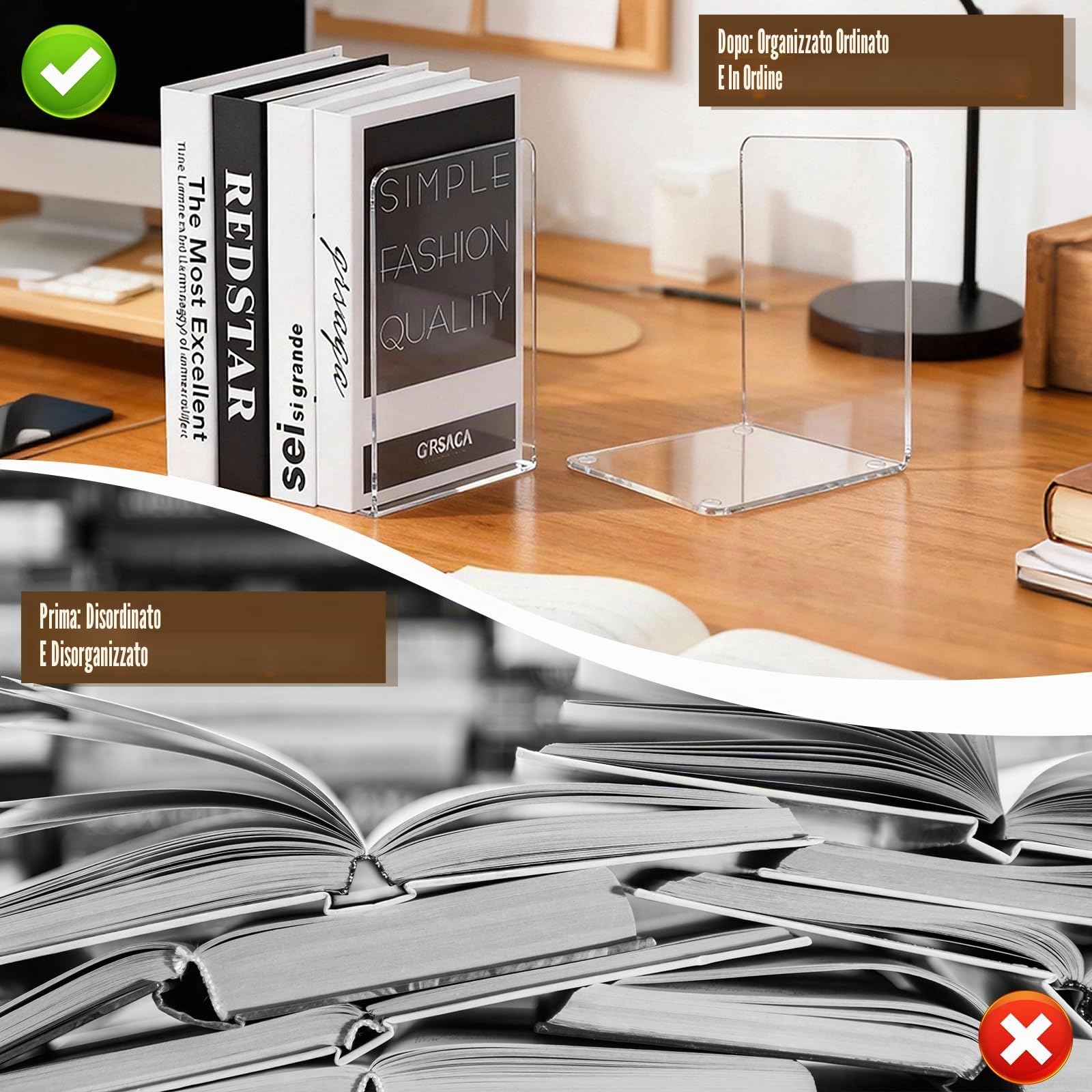 Fermalibri in Acrilico Trasparente 6 Pezzi con Tappetini Antiscivolo, Spessore 3 mm, 10x10x13 cm per Libreria