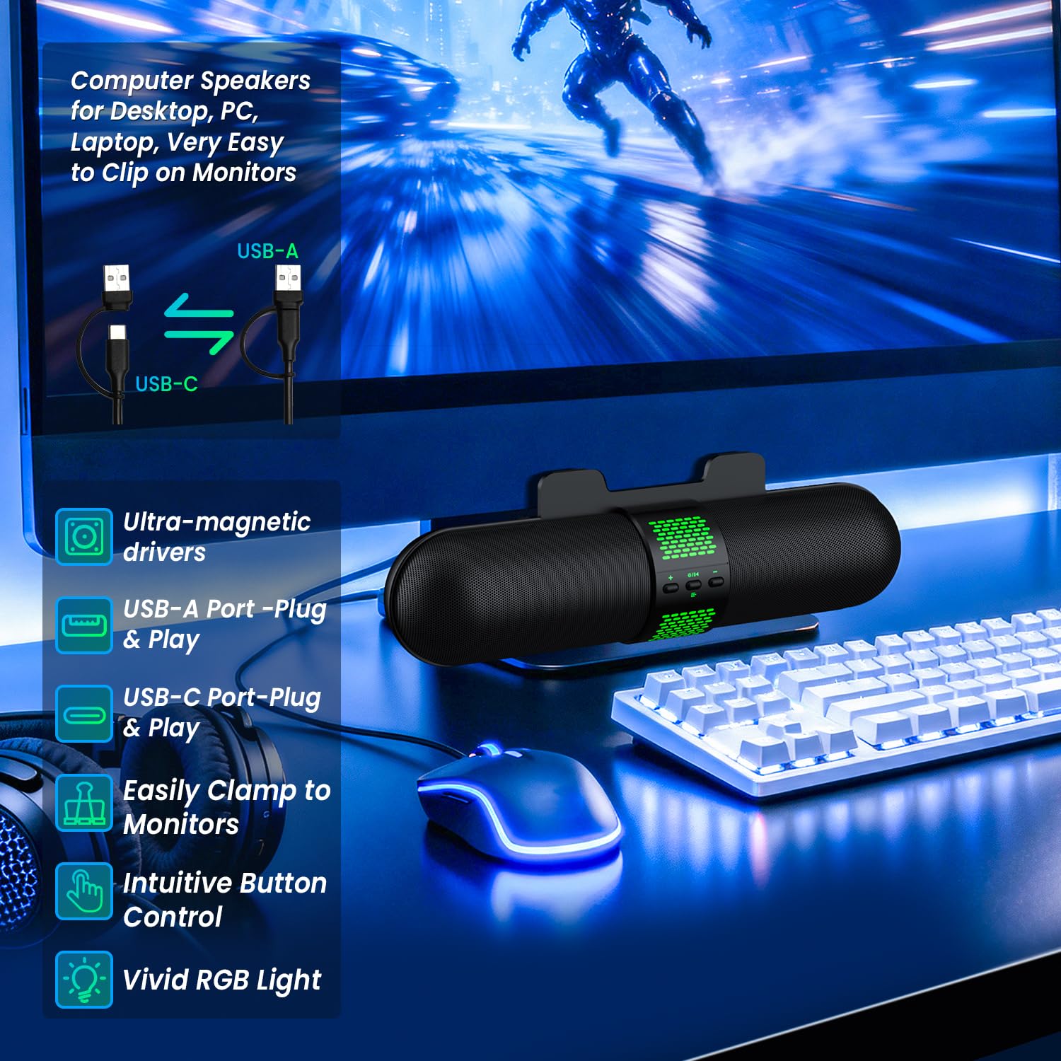 BESTISAN Altoparlante per computer, connessione USB A/C Bluetooth 5.3/cablata, 6 modalità di luce RGB, soundbar da gioco per PC/laptop/desktop, adattatore USB A/C, suono forte, si attacca facilmente