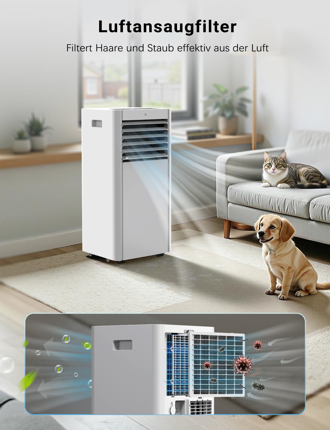 Klimaanlage Mobil 7000BTU, Klimageräte 4-in-1, Kühlung, Entfeuchtung und 2-Stufiger Belüftung mit Schlafmodus | Energieeffizient | Timer | Leiser Betrieb Klimaanlage Mobile