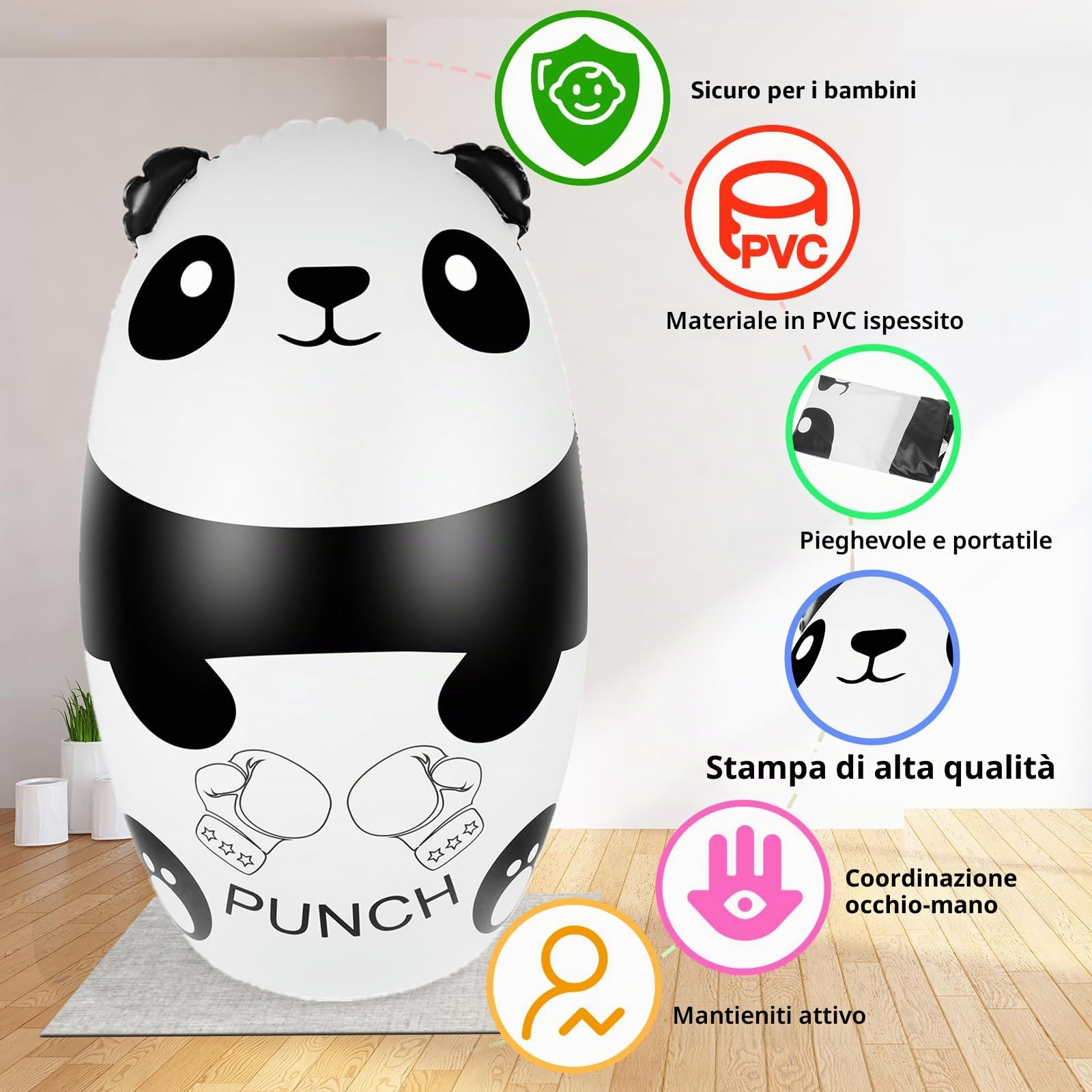 Sacco da Boxe Bambini con Guantoni Boxe 120cm Illuminato Panda Gonfiabile Sacco Boxe con Guantoni Allenamento Giocattolo per Bambino 3-9 Regalo per Bambini e Bambine(Batterie 3xAAA Non Incluse)