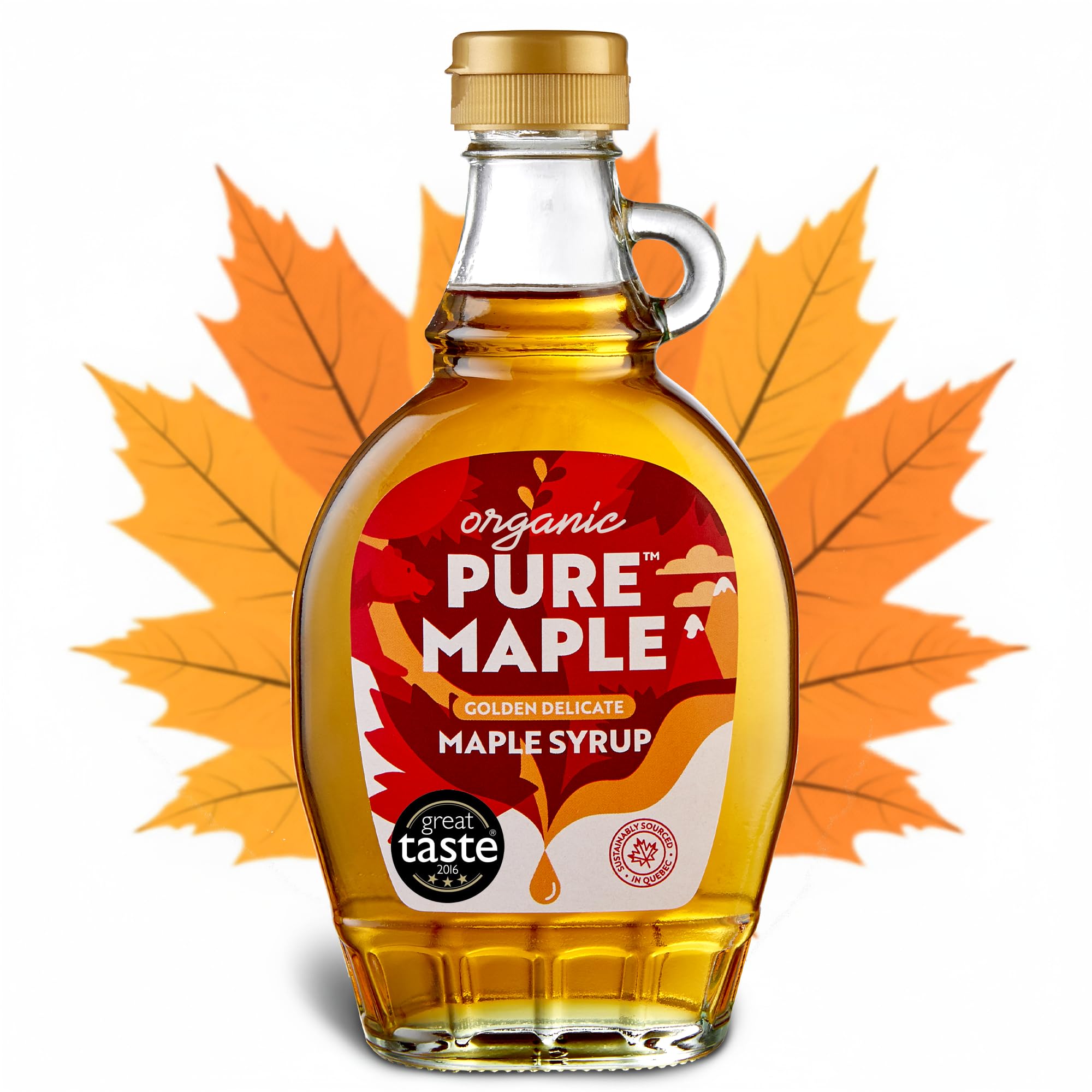 Pure Maple 100% Canadian Maple Syrup - 312g, Organic Golden Delicate Grade A, Light & Subtle Taste, Choice for Glazing,Dressings, Vegan, Gluten Free, No Additives or Artificial Flavours