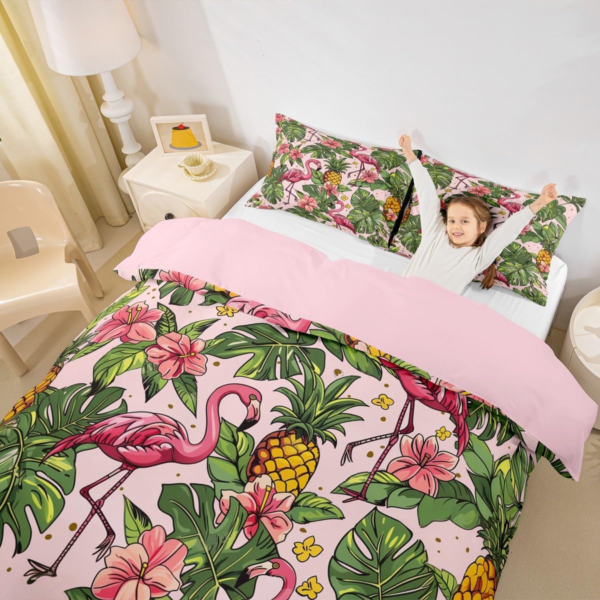jejeloiu Flamingo Duvet Cover Toddler Size Kids Tropical Leaves Comforter Cover for Boys Girls Teens Pineapple Floral Bedding Set Breathable Bird Print Bedroom Decor Bedclothes