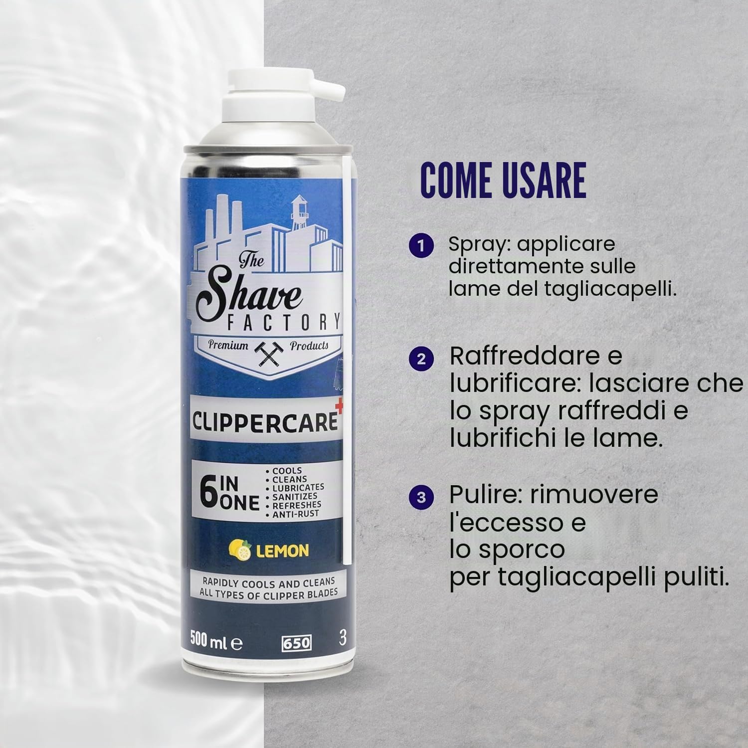 THE SHAVE FACTORY Clippercare – Spray 6 in 1 500 ml – Spray di manutenzione per tosaerba – Rinfresca, pulisce e lubrifica – detergente e lubrificante per lame di tosaerba e trimmers