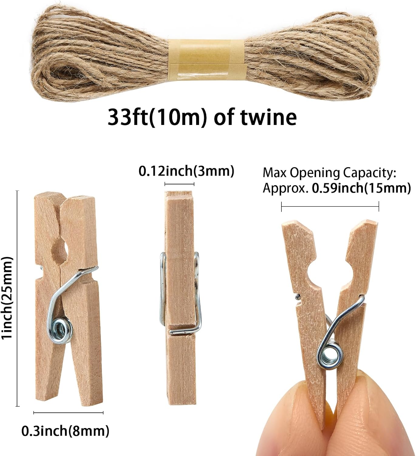 1" Natural Mini Clothespins 100 Pcs with Jute String for Baby Shower