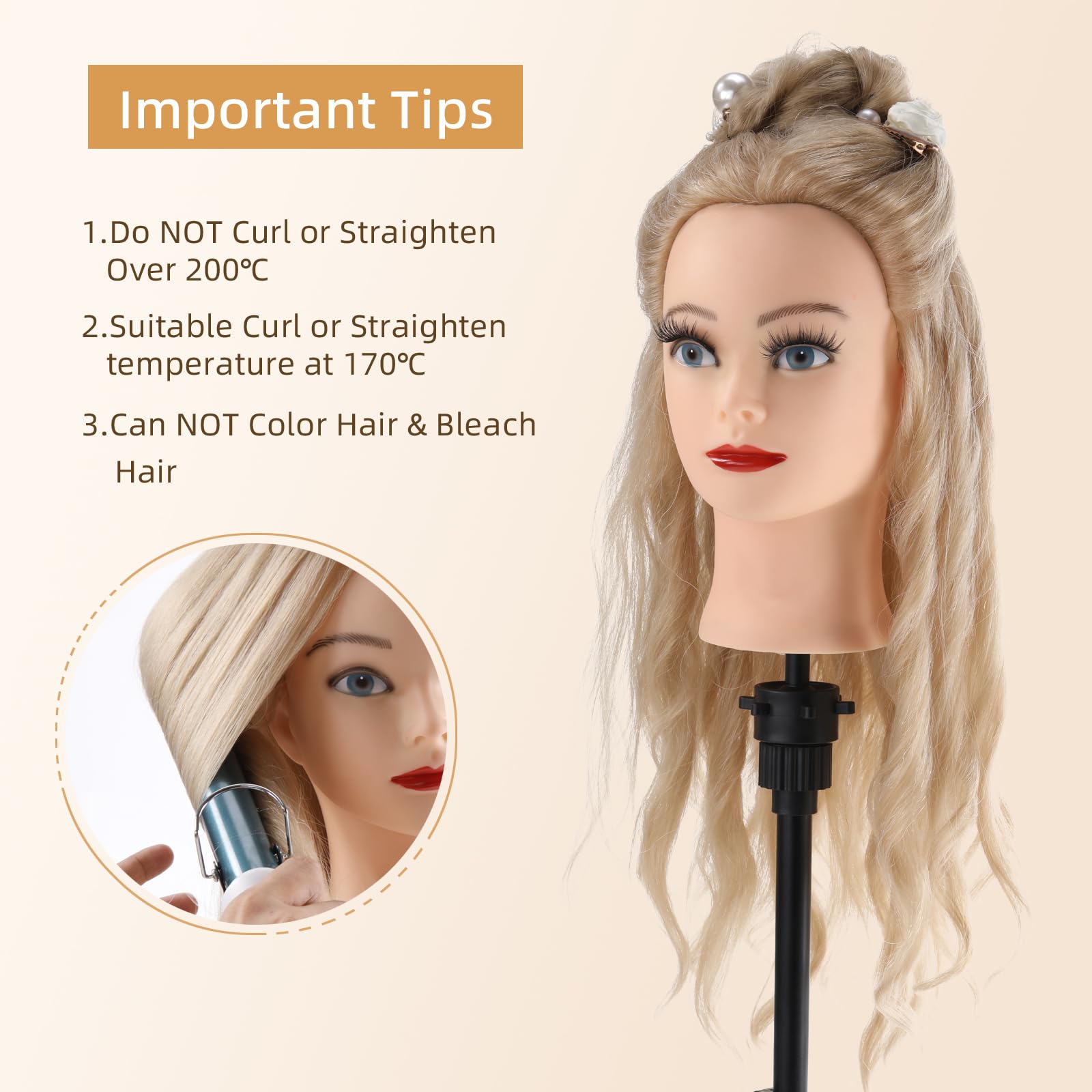 Frisierkopf 70% Echthaar Übungskopf 24 Zoll Friseure Ausbildung Kopf mit Halter DIY Haare Set