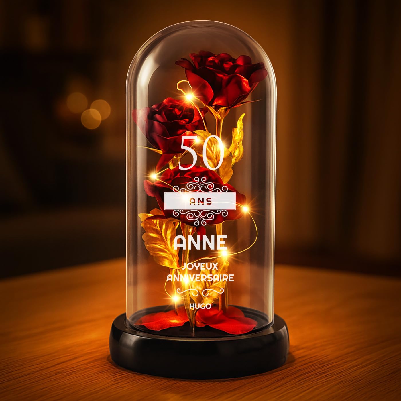 Maverton Rose Eternelle sous Cloche en Verre avec Personnalisation - Fleur Eternelle Cadeau Maman - Rose Rouge Artificielle 21x11 avec Lumière LED - Idee Cadeau Anniversaire Femme Original - 50 Ans