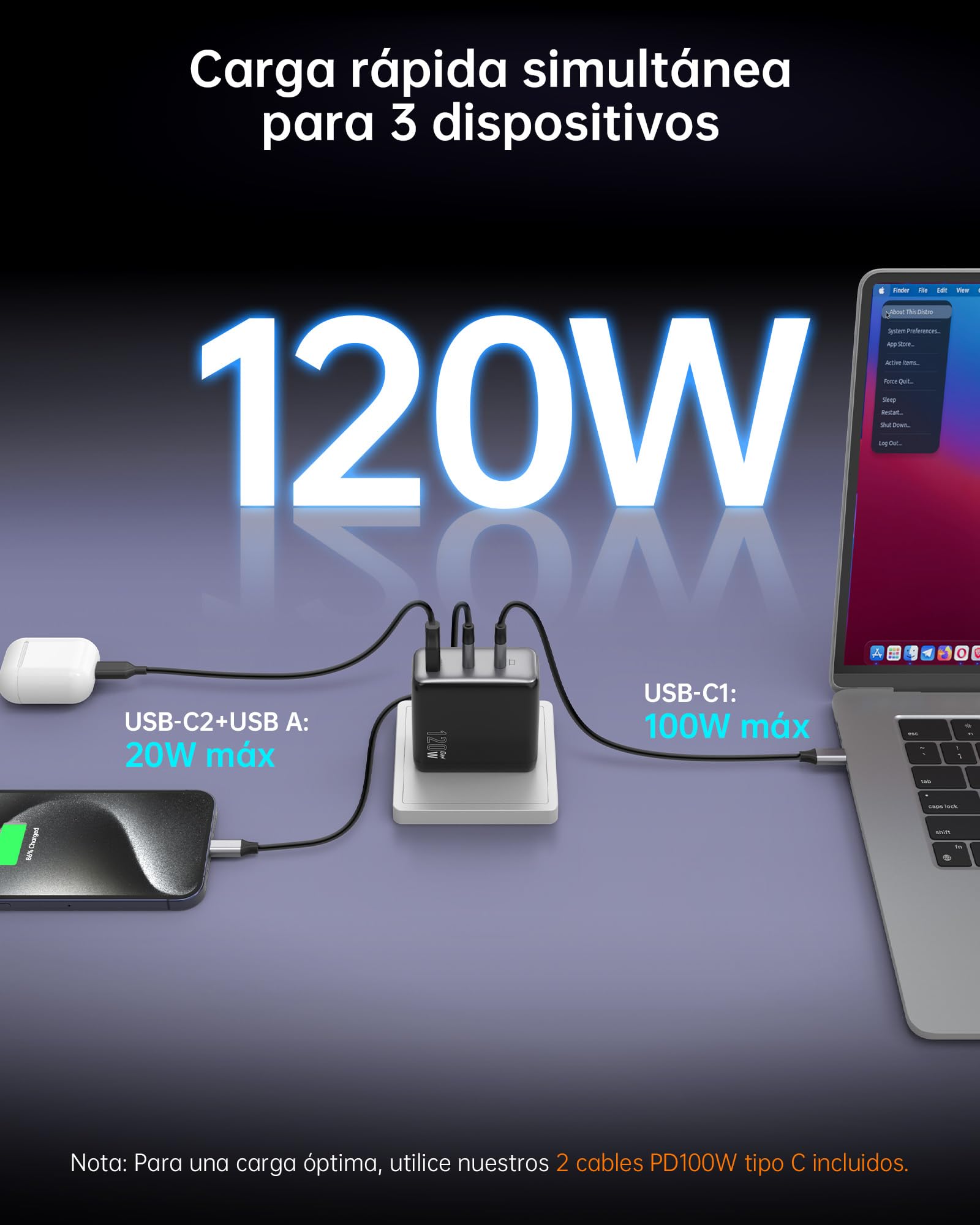 NOVOO Cargador USB C 120W, 3 Puertos GAN III, Cable PD 100W, MacBook