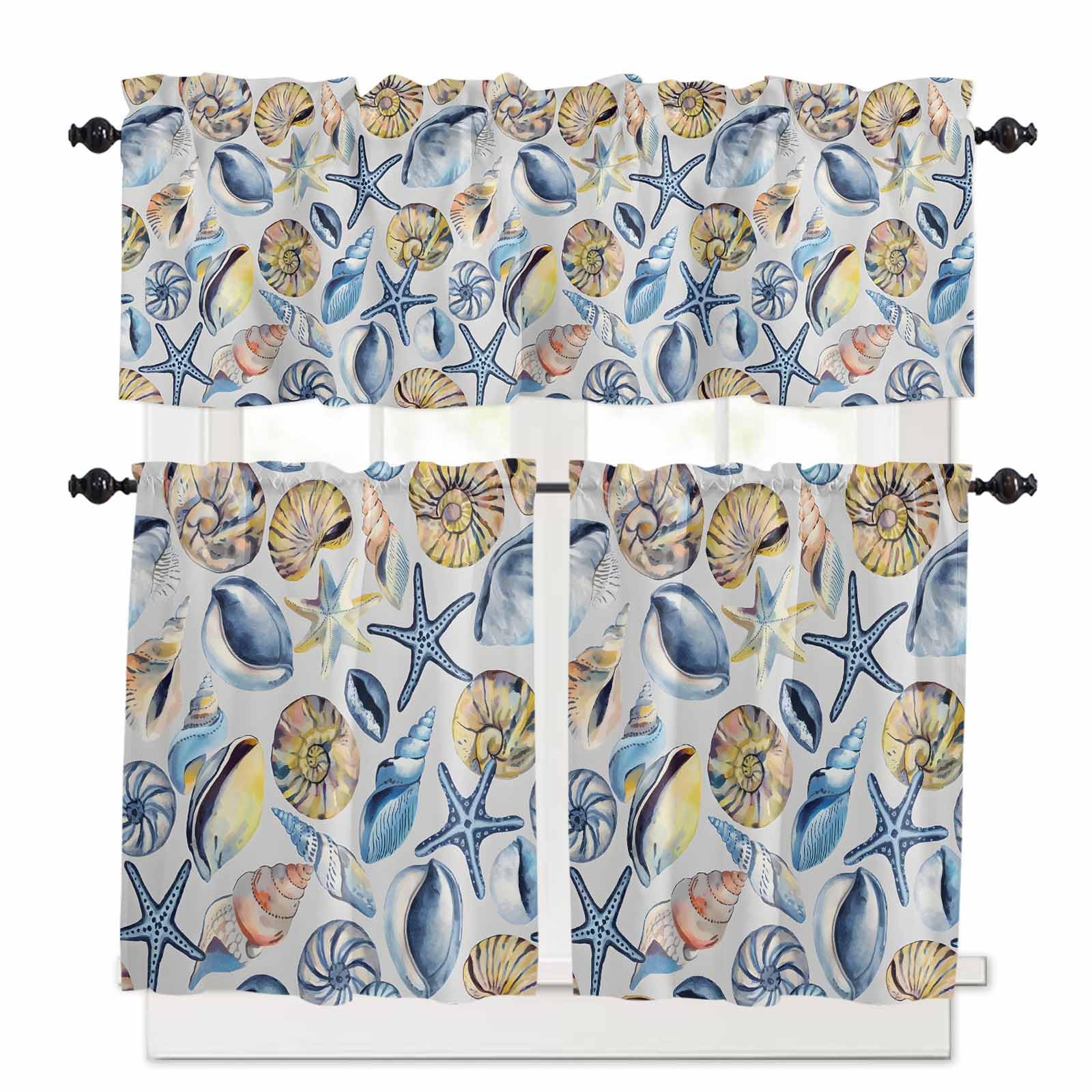 Ocean Coastal Kitchen Curtains 36 Inch Length, 3 Piece Rod Pocket Small Half Tiers and Valance Set, Summer Nautical Starfish Conch Shells Small Large Window Treatment Decor for Bedroom/Bathroom Sink