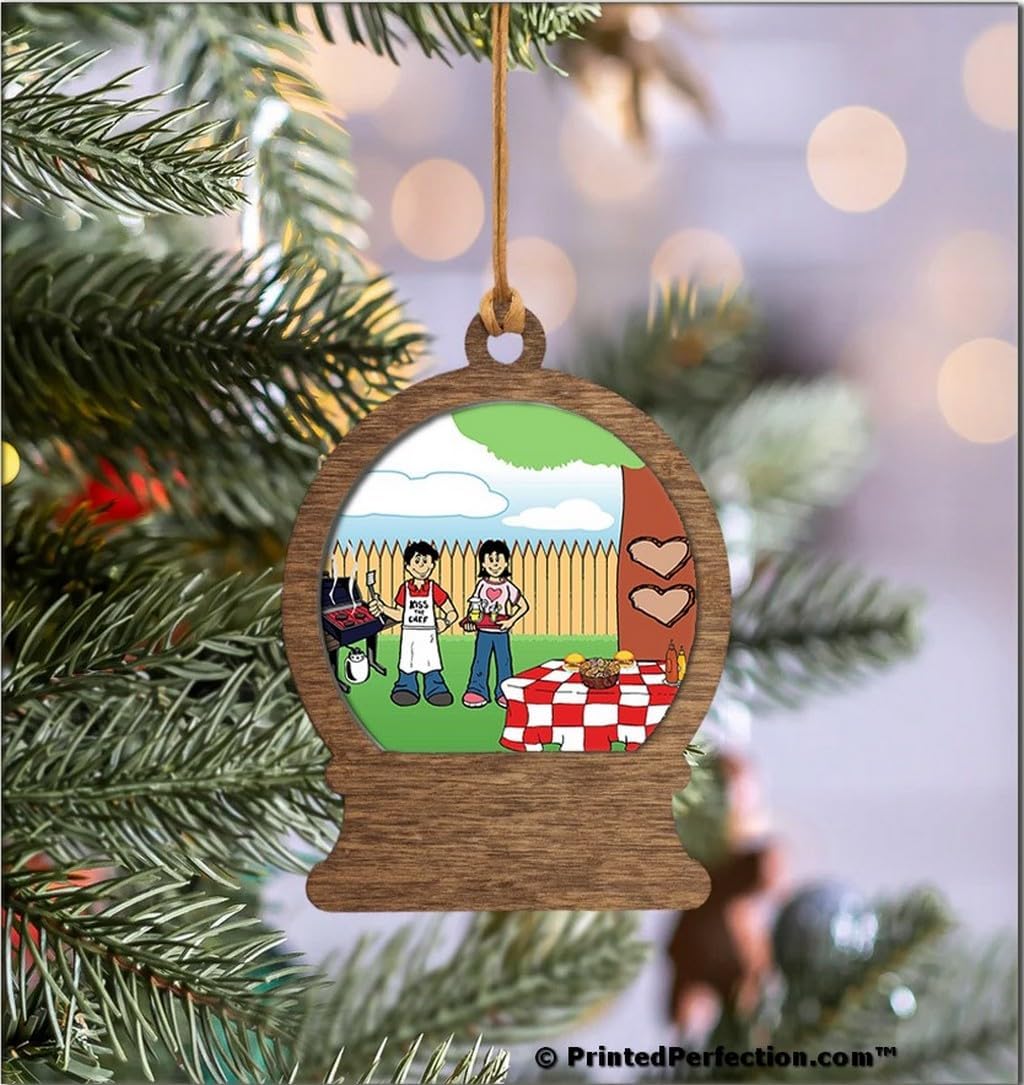 PrintedPerfection.com Personalized Family Backyard Barbeque Couple Wooden Snow Globe Shaped Christmas Ornament