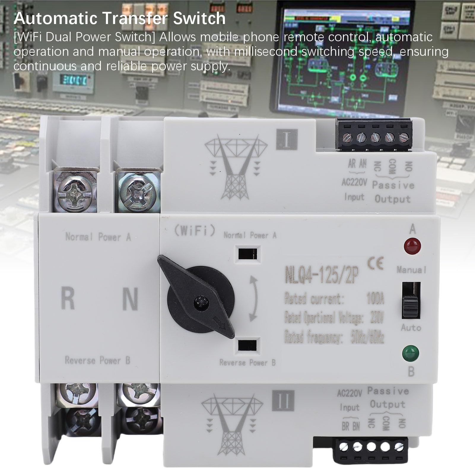 Cocoarm Interruptor de Transferencia de Energía Dual, Interruptor Automático WiFi Inteligente 100A con Control Remoto, para Uso Doméstico, Fábrica y Laboratorio