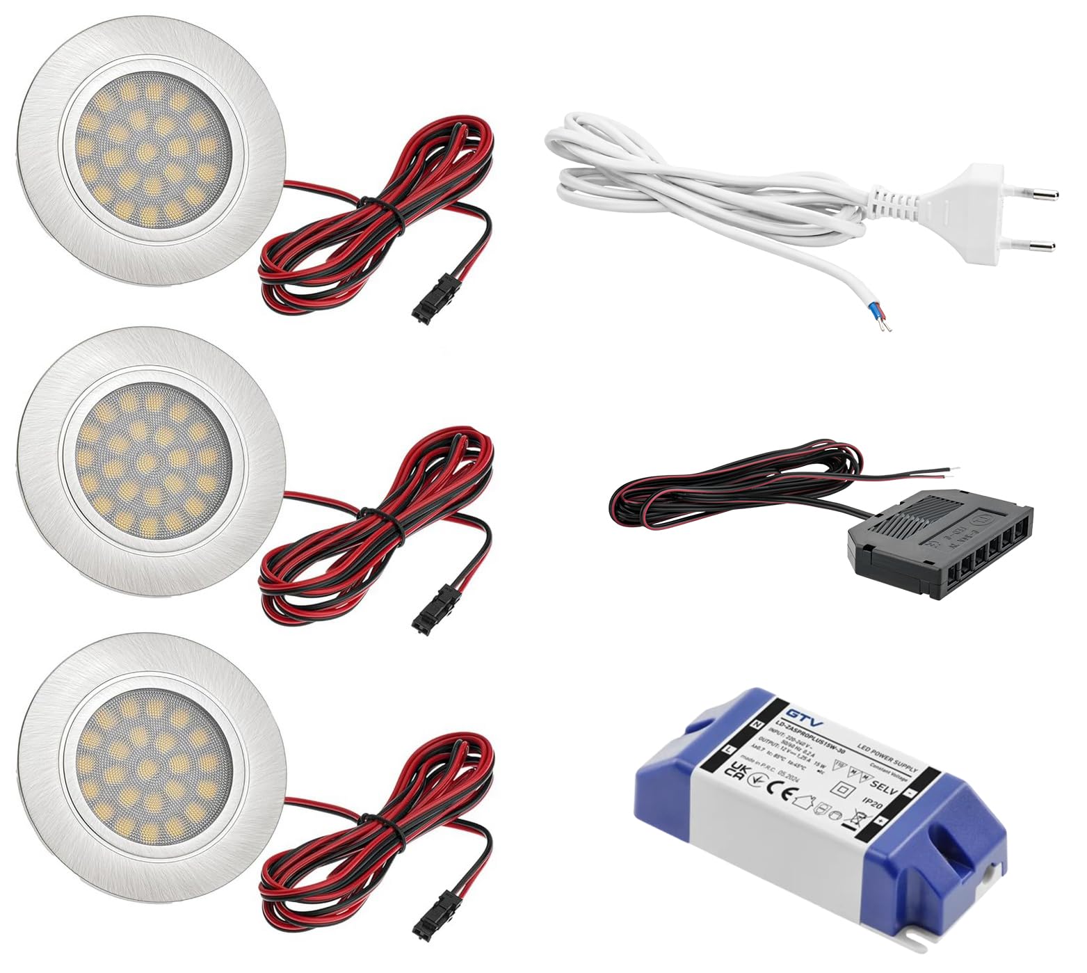 JungesLicht 3er Set Möbel Einbaustrahler Farbe: Edelstahl gebürstet, 2Watt LED Leuchtmittel warmweiss 3000Kelvin 200Lumen inkl. LED Trafo, Anschlussstecker und Netzkabel (Komplettset) Möbelleuchte