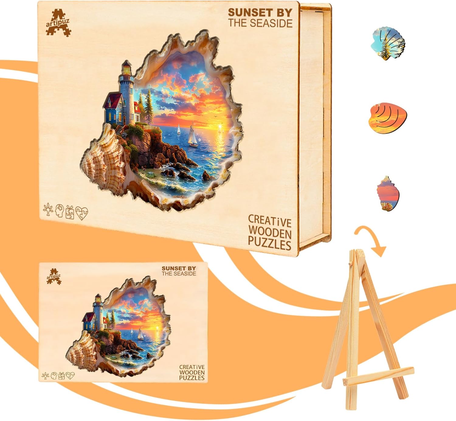 Wooden Puzzles for Adults - Sunset by The Seaside Wooden Puzzle, Unique Shape Wood Jigsaw Puzzle for Adults, Conch Wood Puzzles Adult, Gifts for Family, Wall Art Home Decor (210pcs 13.4 * 12.6in L)