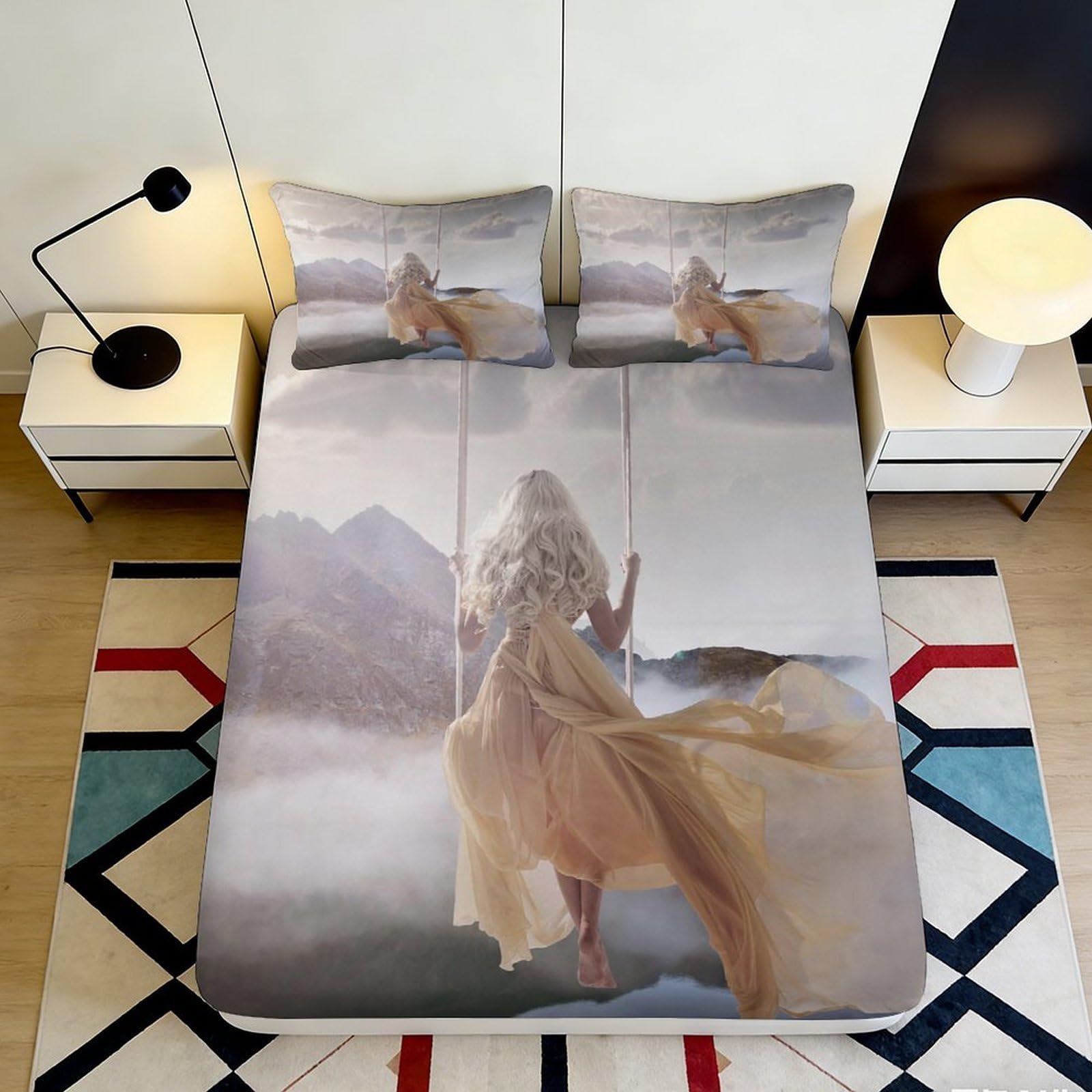 3D Printed Fairy Dream Fitted Sheet Microfiber Deep Pocket Non-Slip Fairy Style Mattress Fitted Cover Soft Bedroom Bedding 90x200x25cm