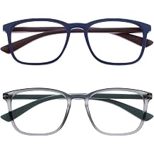 OPULIZE Max Classic Reading glasses for Women Men,Scratch Resistant Large Rectangular frame with Spring Hinges, Blue & Grey +1 Pack of 2