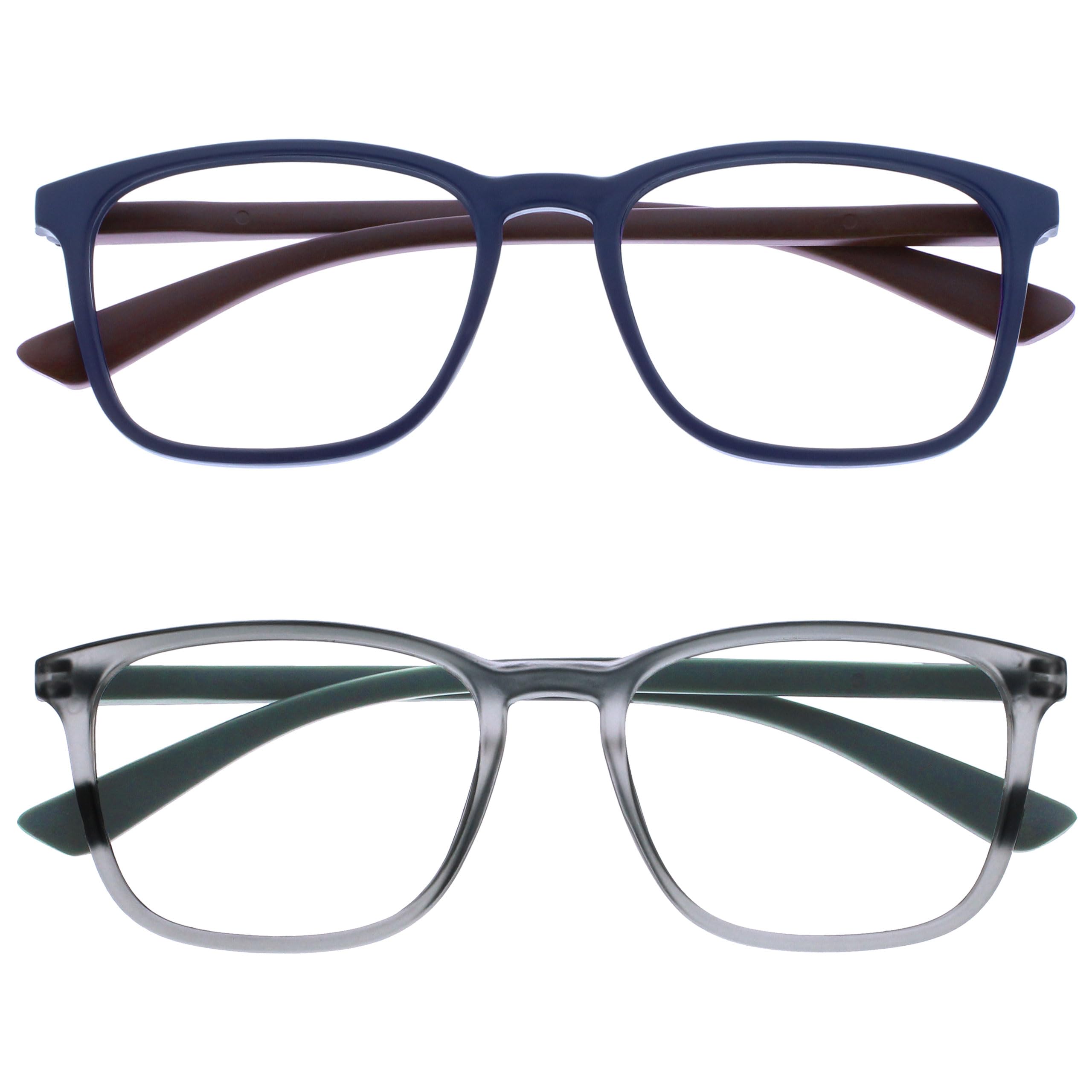 OPULIZE Max Reading Glasses 2 pack, Classic Large Rectangular Frame, Matt Blue Grey, Men's Women's Unisex, Spring Hinges