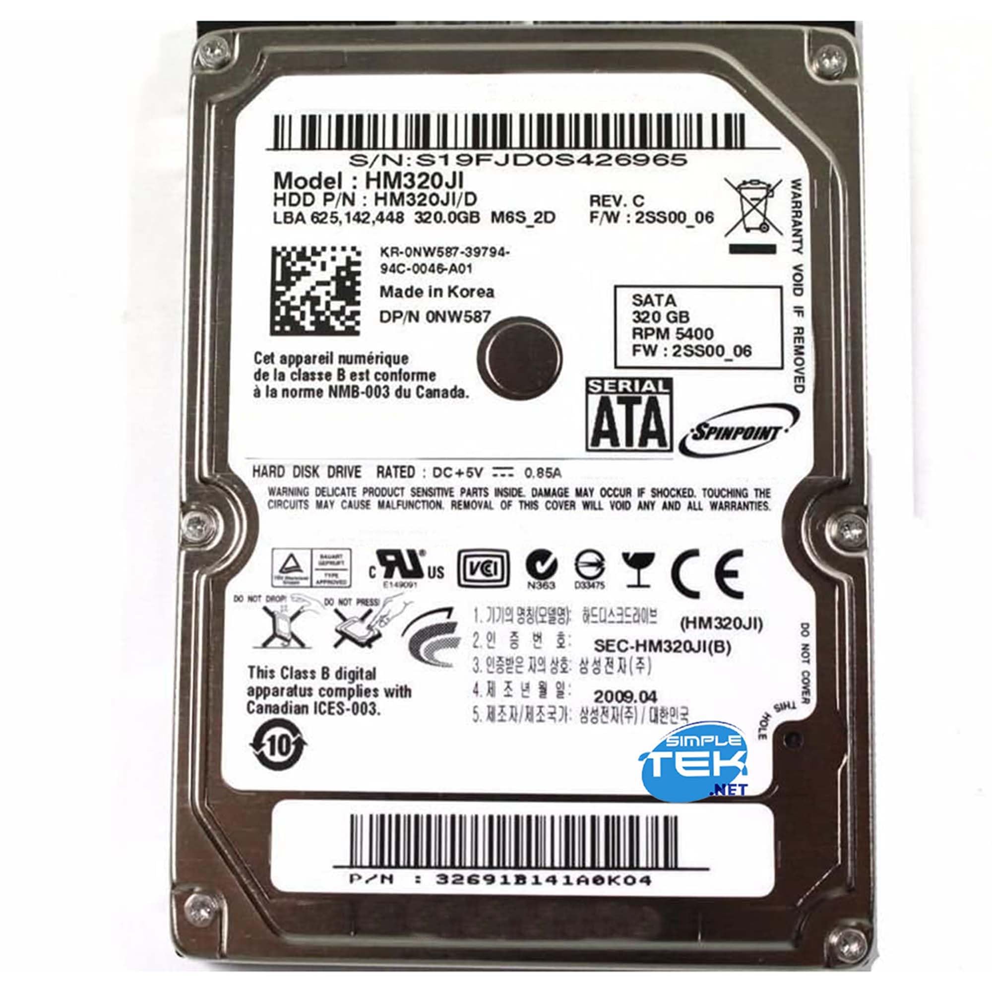 SIMPLETEK - Hard Disk 2.5" SATA 320GB | 5400RPM, cache 8MB | Notebook e PC (Ricondizionato)