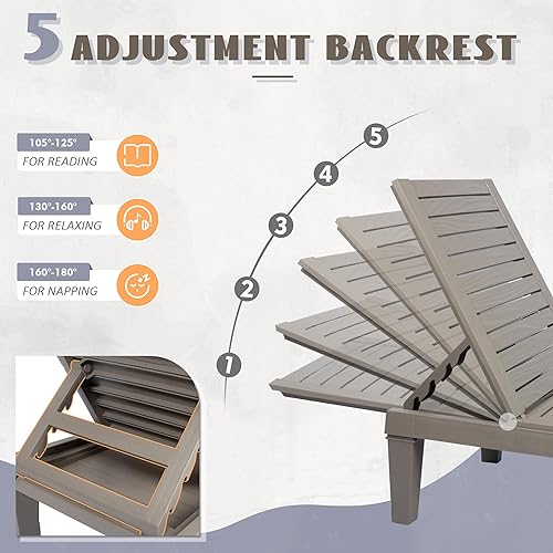 Miniatura 7 de Sillón de descanso, juego de 2 sillas de piscina, tumbonas para exteriores, tumbonas impermeables, sillas de descanso ajustables de 5 posiciones