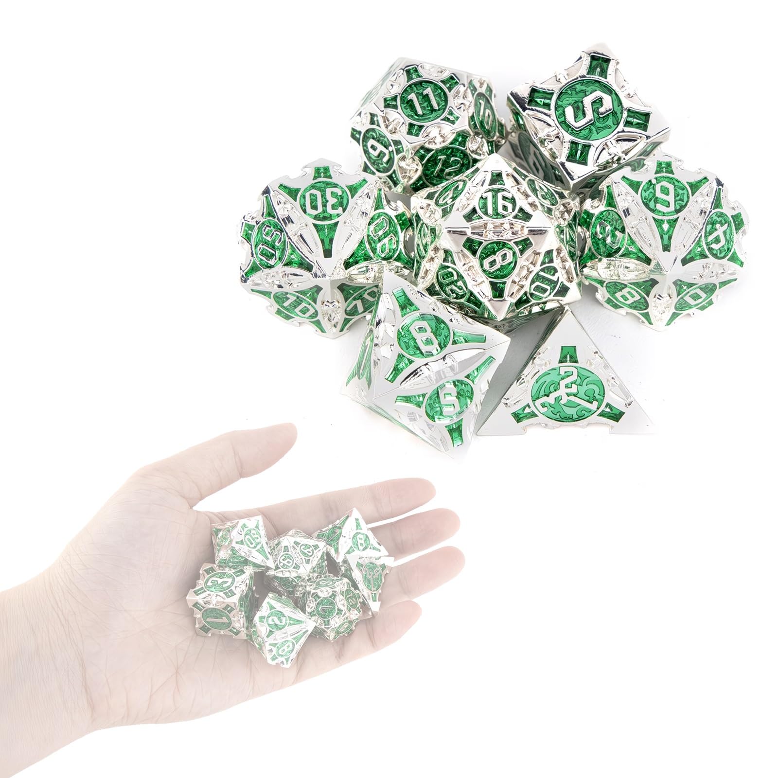Un Ensemble de 7 Dés Métalliques Verts à Multiples Facettes, Compatibles avec Les Jeux de Rôle, Les Jeux de Société et Les Jeux de Cartes