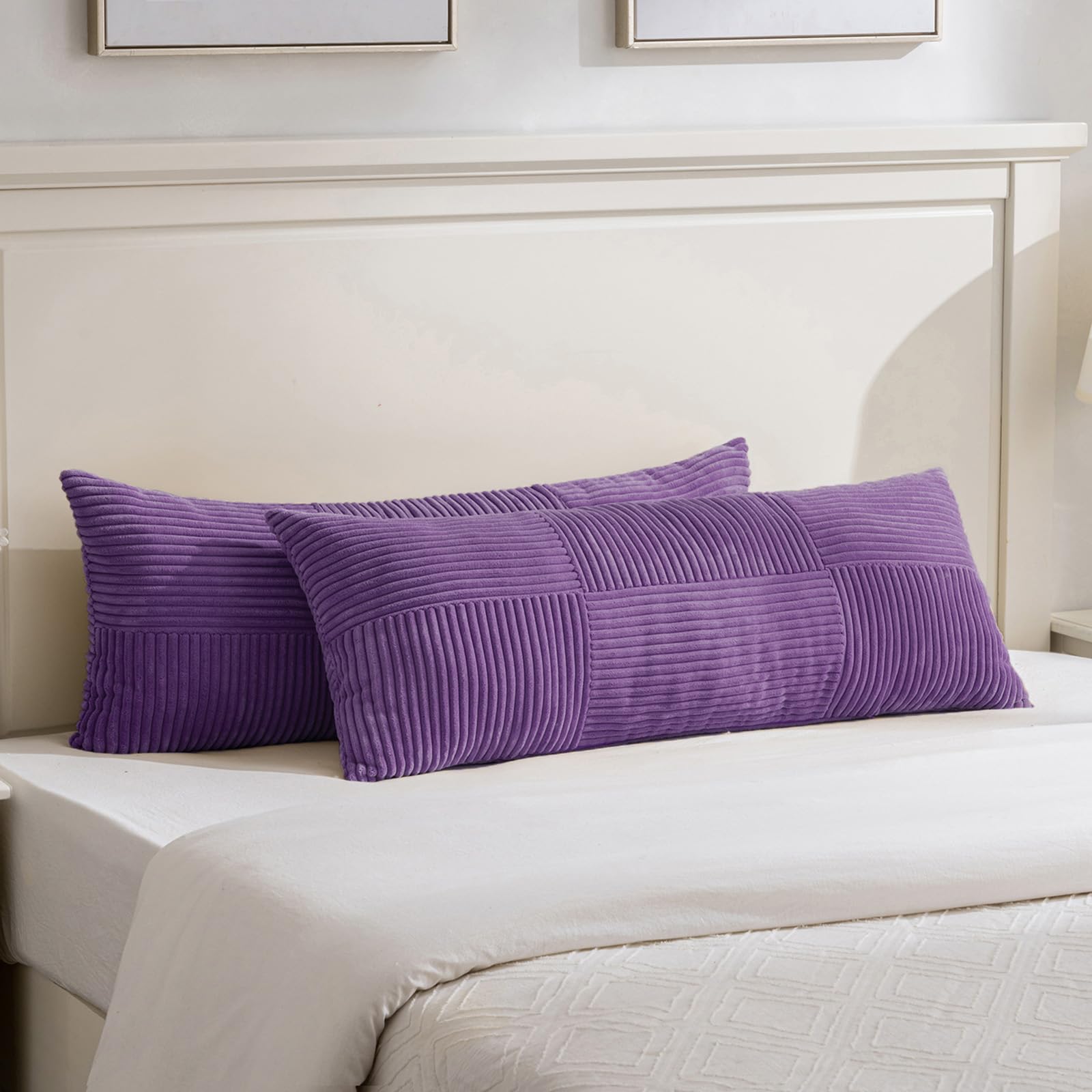Fancy Homi Set of 2, Purple Patchwork Corduroy Decorative Soft Striped Modern Accent Cushion Case Farmhouse Boho Neutral Throw Pillow Covers for Chair Couch Bed Sofa Living Room 36x14 Inch — image 1