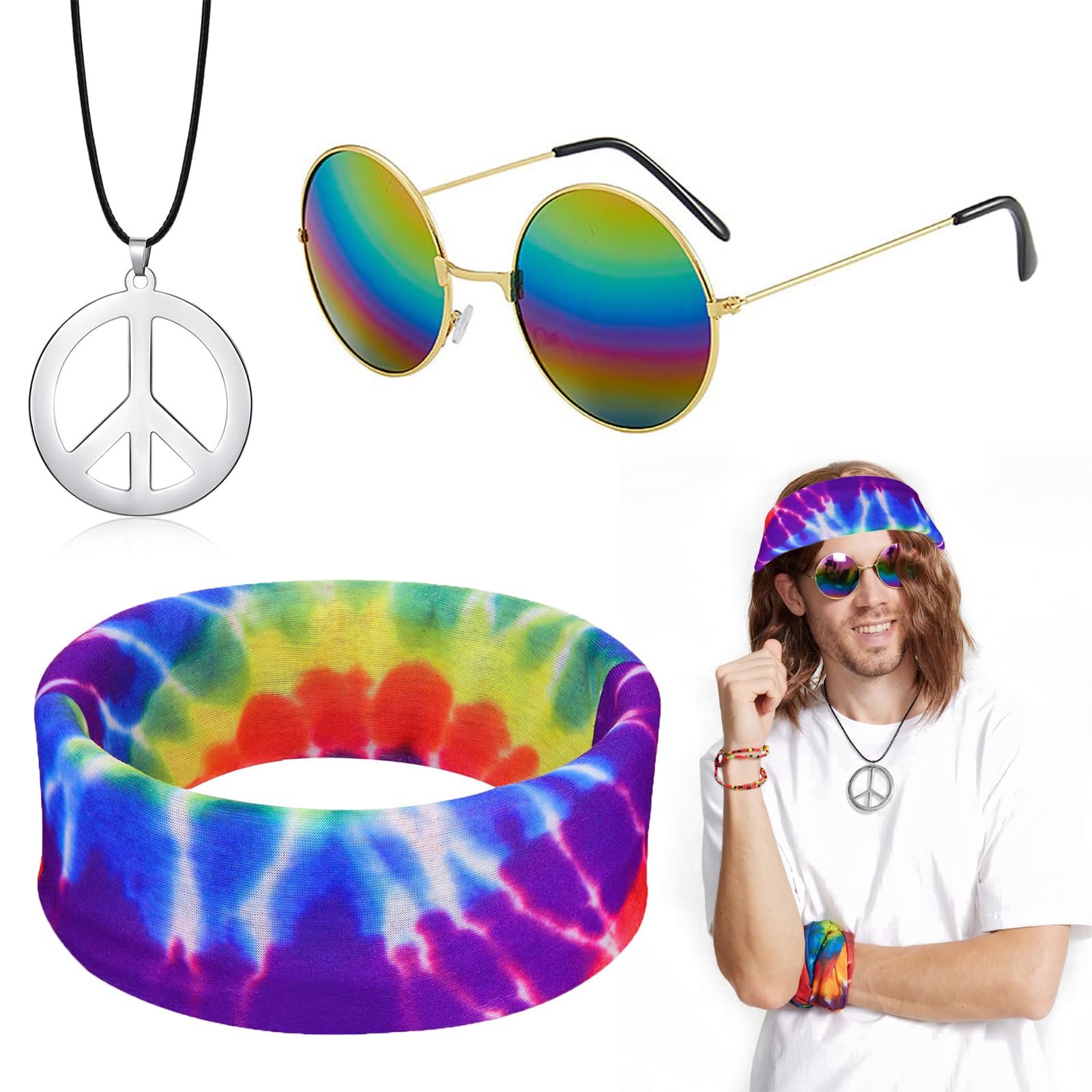 Disfraz de Hippie para Mujer y Hombre, Disfraz de Carnaval para Mujer, Fiesta temática de los 80 y 90, Peluca Hippie, Gafas de Sol, Collar de la Paz, Colgante, Diadema Batik, Accesorios