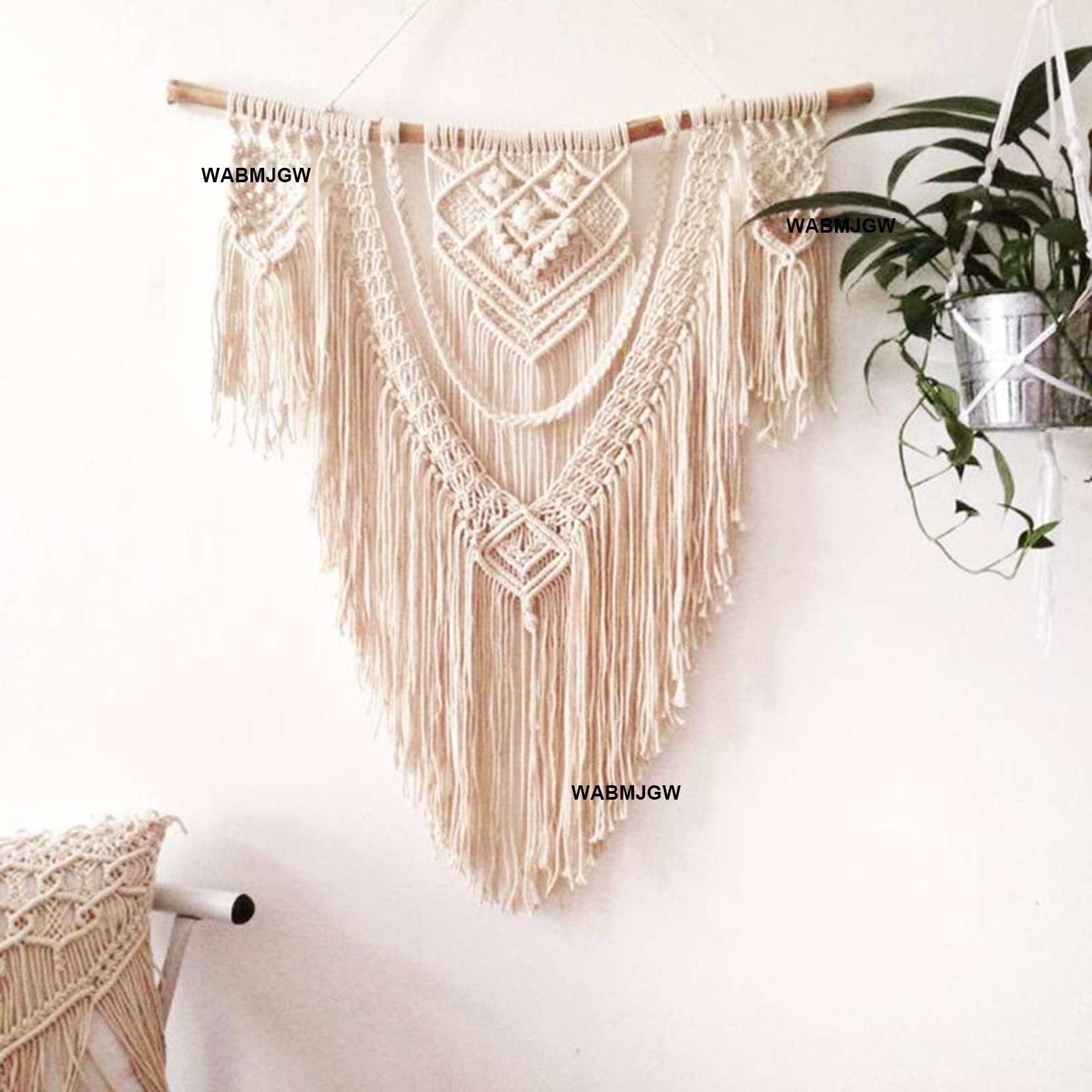 WABMJGW Handgefertigter Makramee-Wandbehang, Boho-Dekor, Makramee-Wandteppich, natürliches Baumwollseil, Makramee-gewebter Wandteppich, Kunsthintergrund, Heimdekoration, Beige, 90 x 100 cm
