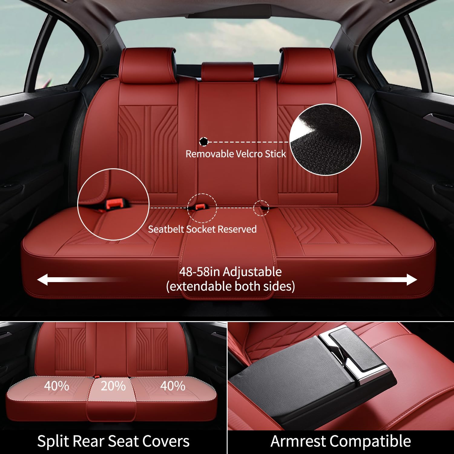 FLORICH Automotive Seat Cover Leather Seat Covers Full Set Front Seat Cover and Back Seat Cover 5 Seats Waterproof Car Seat Cushion Universal Fit for Most Cars Trucks SUV, Red