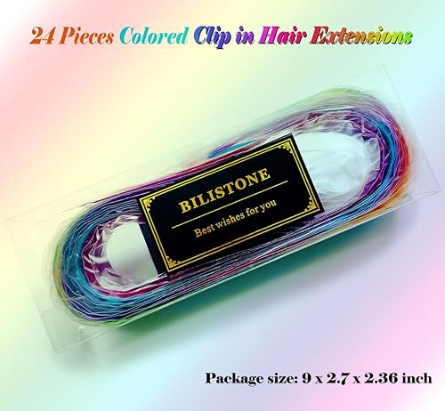 Miniatura 5 de 24 extensiones de cabello con clip de color, 22 pulgadas de largo, lacio, sintético, multicolor, resaltado para fiestas, para mujeres, niños y niñas