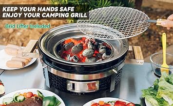 ONLYFIRE GRILLS 14Ceramic Hibachi Charcoal Grill with Grid Lifter, GS305 | Portable Yakitori Grill with Stainless Steel Grate, Japanese Barbecue Stove for Outdoor Camping Picnic Patio Backyard Cooking
