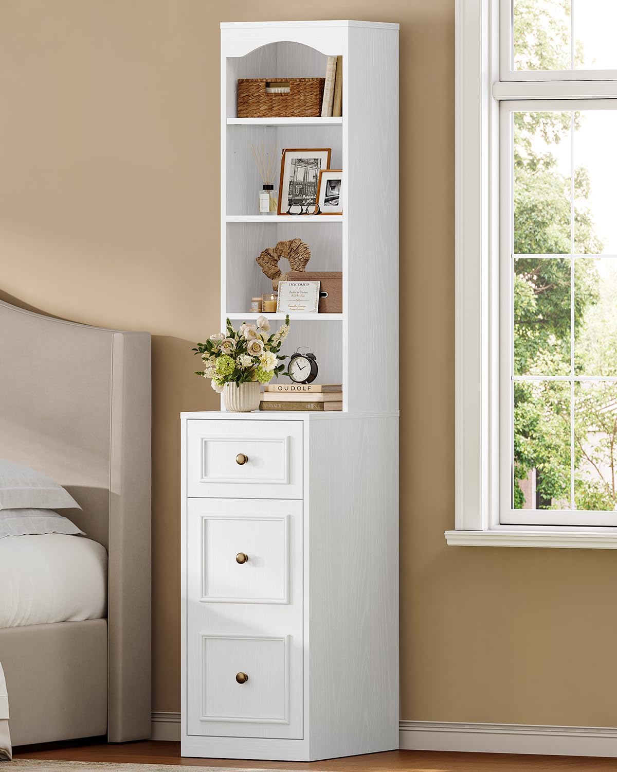 67" Tall Bathroom Storage Cabinet with 4 Open Shelves, Drawer & Cabinet, L-Shaped Narrow Bathroom Storage Cabinet with Adjustable Shelf, Bathroom Storage Cabinet for Bathroom, Living Room, White