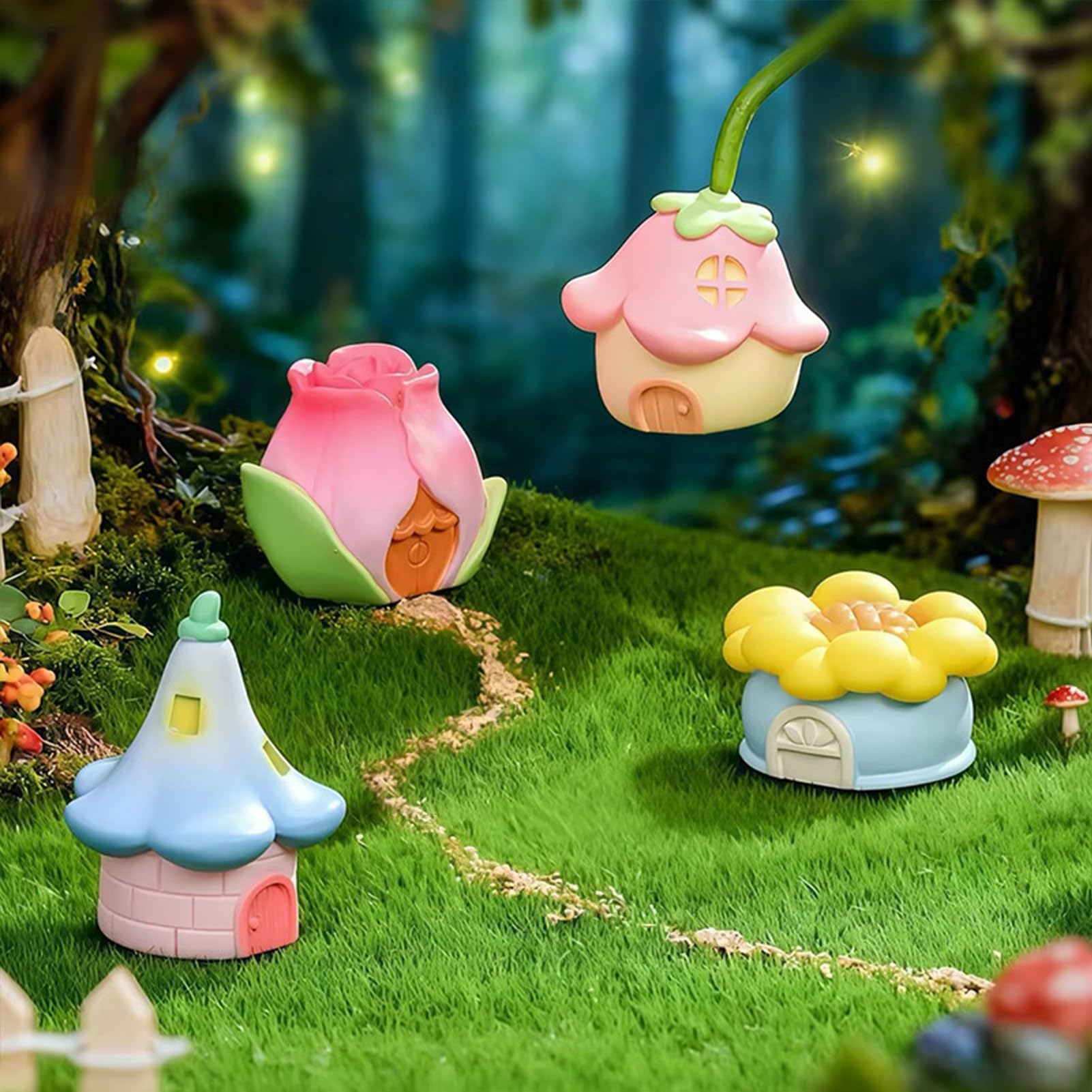 Quoravel Mini Fairy Garden House, Resin Flower House Figurine for DIY Micro Landscape, Tiny Tulip Morning Glory Ornament for Bonsai Terrarium A