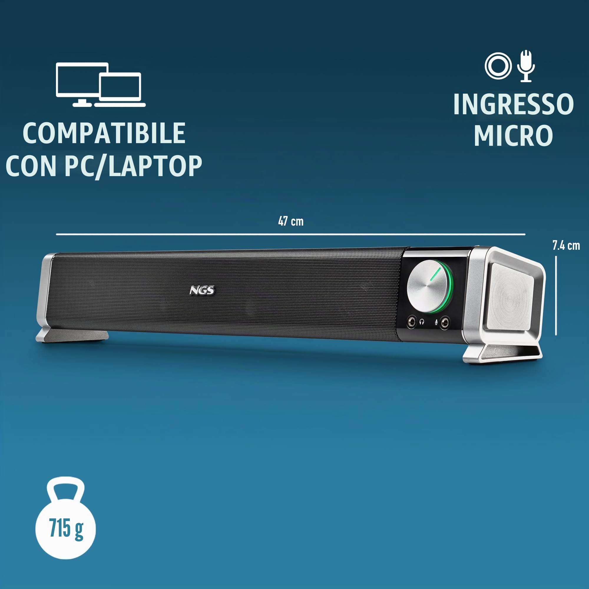 NGS SB500 BT - Soundbar Bluetooth da 20 W per PC, TV, tablet e dispositivi mobili, stereo, USB, jack 3,5 mm, ingresso microfono, uscita cuffie, plug & play