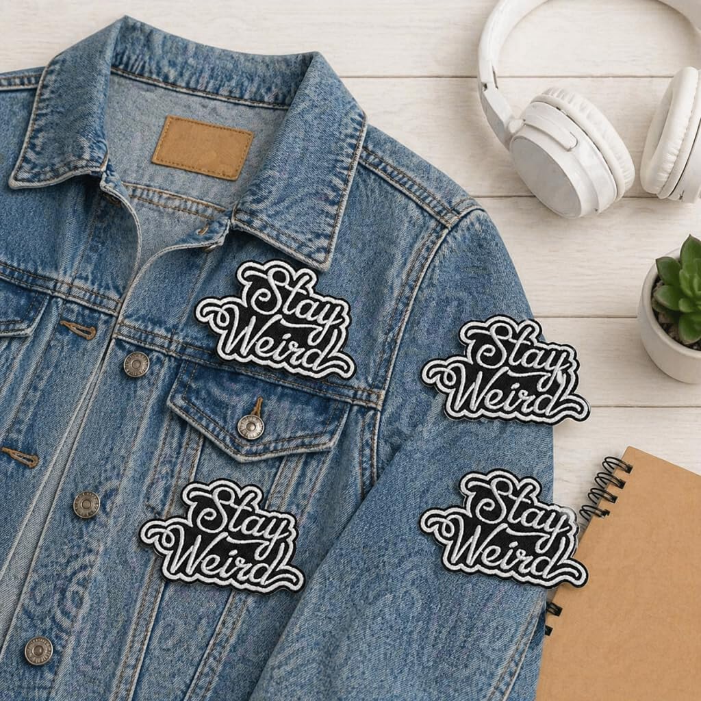 5Pcs Stay Weird Iron on Patches Black and White Aesthetic Morale Tactical Embroidered Appliques Decor for Clothing Jackets Jeans Backpacks Trucker Hats Bags DIY Crafts Repair Accessory image 4
