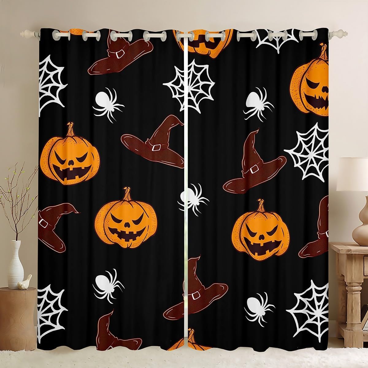 Erosebridal Halloween 100% Blackout Curtains 42"X90",Kids Pumpkin Lantern Window Curtains Drapes,Spider Web Cobwebs Witch Hat Window Treatments,Halloween Gothic Goth Accessories Darkening Curtains