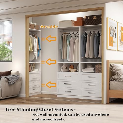 Miniatura 5 de Dilando Sistema de armario con cajones, sistema organizador de armario de madera de 8 pies, armario independiente, almacenamiento con varillas para