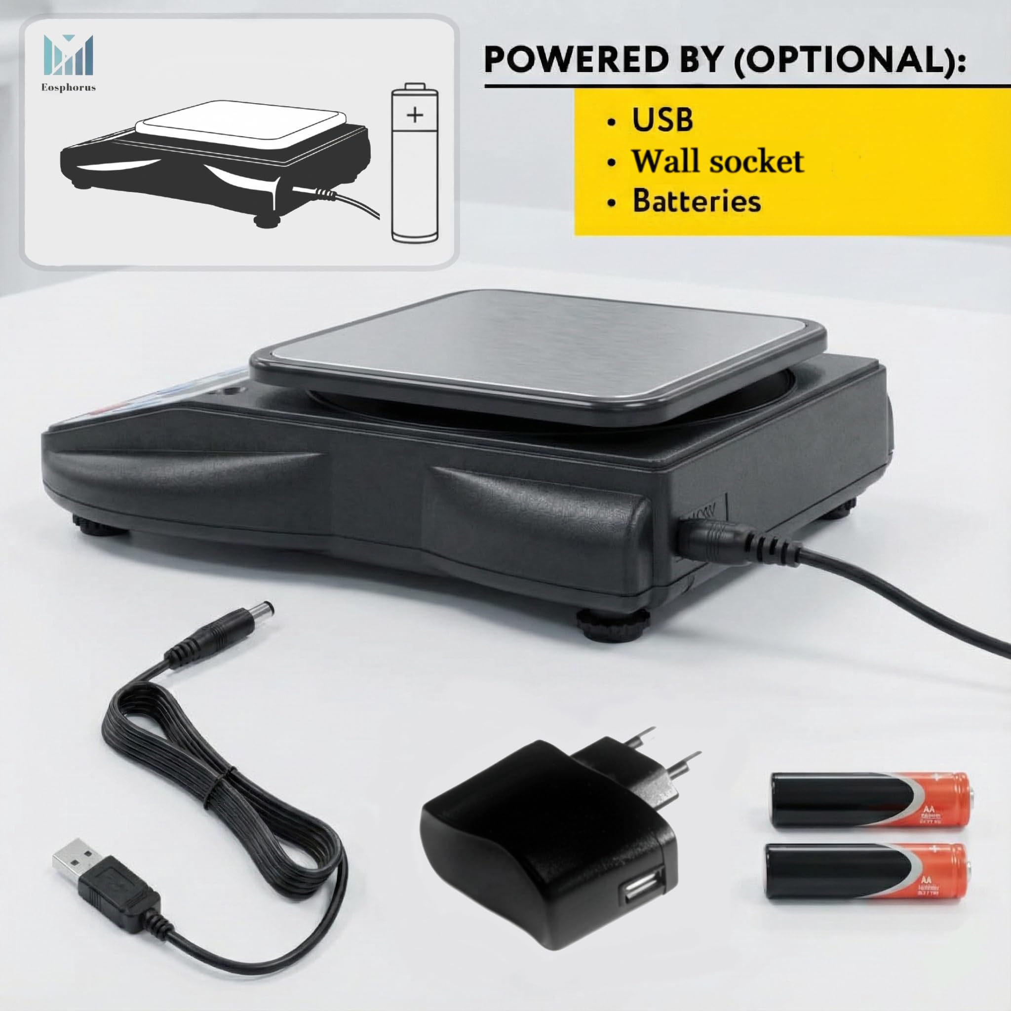 Eosphorus Bilancia Digitale di Alta Precisione 600g/0,01g con Piatto Quadrato, Bilancia Professionale per Laboratorio, Gioielleria e Monete, Funzione Tara, Doppia Alimentazione USB/AC