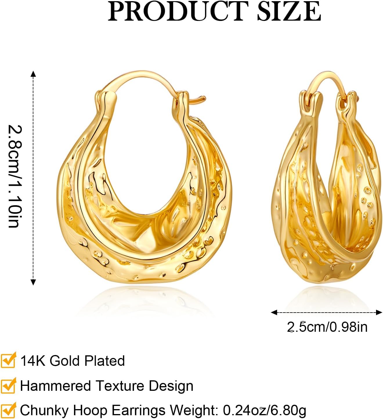 Chunky Hoop Earrings for Women 14K Gold Plated Hammered Texture Thick Wide Hoops Hypoallergenic Statement Jewelry Gifts - Image 5