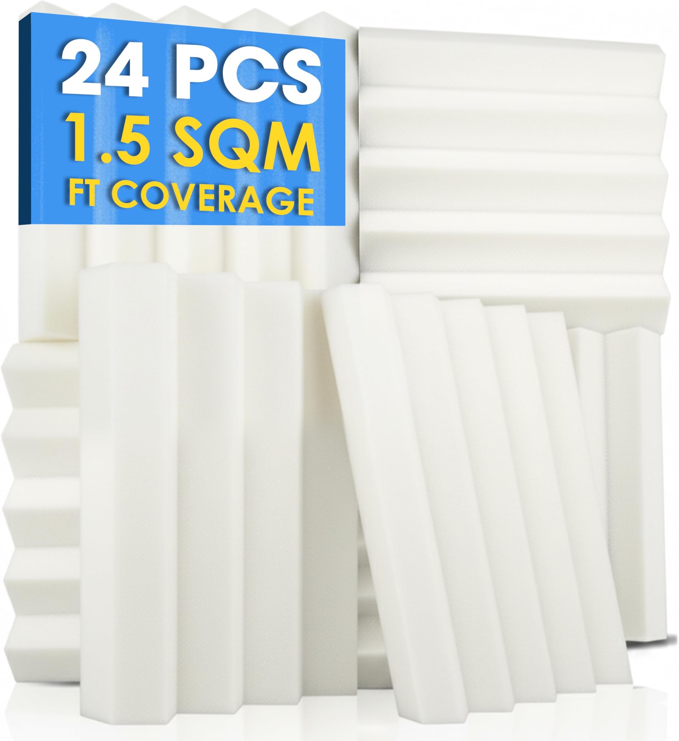 24 Acoustic Panels Wedge Sound Absorbing Acoustic Treatment Tiles 25x25x5cm Studio Noise Cancellation 26kg/m3 High Density Acoustical Walls Dampening Foam Fire Retardant 1134 WHITE