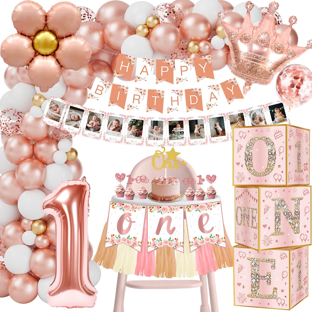 1st Birthday Decorations for Girls, Rose Gold Birthday Party Decoration with Baby Month Photo Banner, Balloon Boxes, Number 1 Foil Balloon, Cake Topper, Happy Birthday Banner for Kids Party