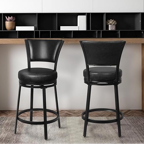 Bar Stools Set of 2, 25 Inch Metal Counter Height Bar Chairs, Modern Faux Leather 360° Round Swivel Barstools with Back, Counter Stools for Kitchen Island, Pub, Black
