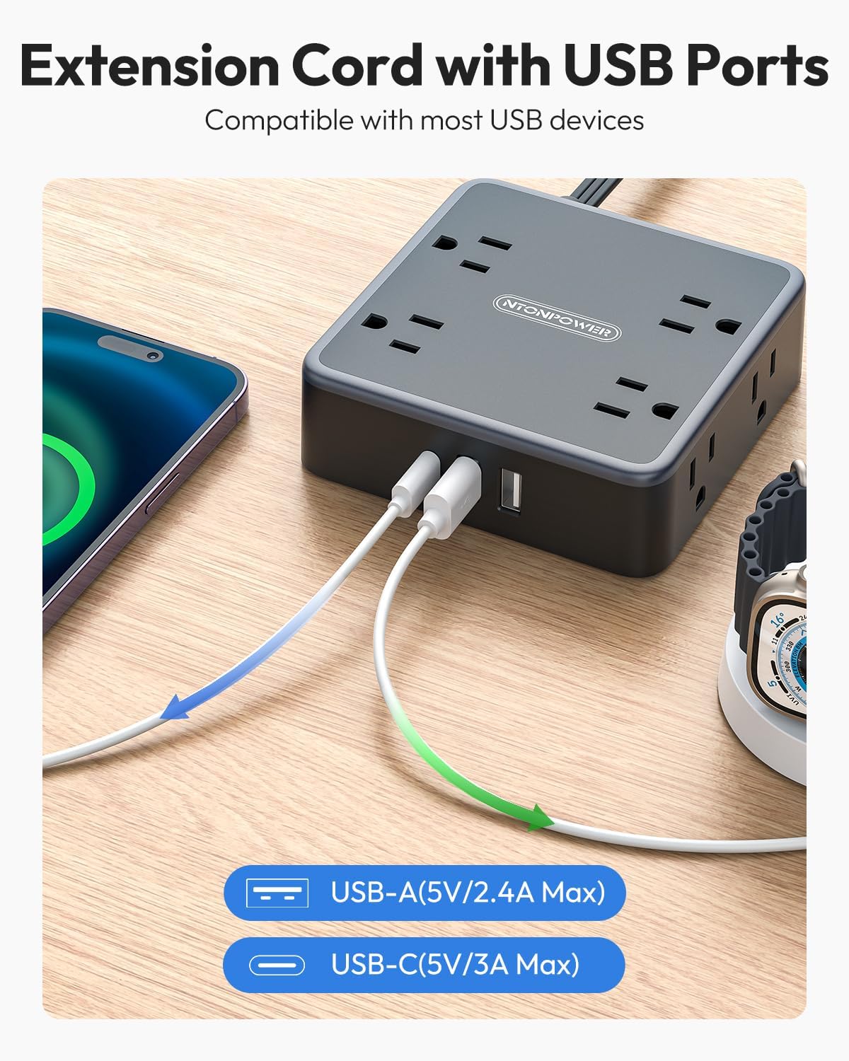 NTONPOWER Flat Extension Cord 25 FT in Black with 8 Widely Outlets 3 USB Ports (1 USB C), 1080J Long Surge Protector Power Strip, Wall Mountable, Flat Plug Desk Charging Station Dorm Room Essentials