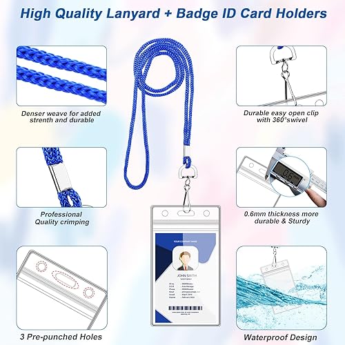 Miniatura 2 de 100 soportes verticales de plástico transparente para tarjetas de identificación y 100 cordones azules para el cuello con gancho giratorio para la